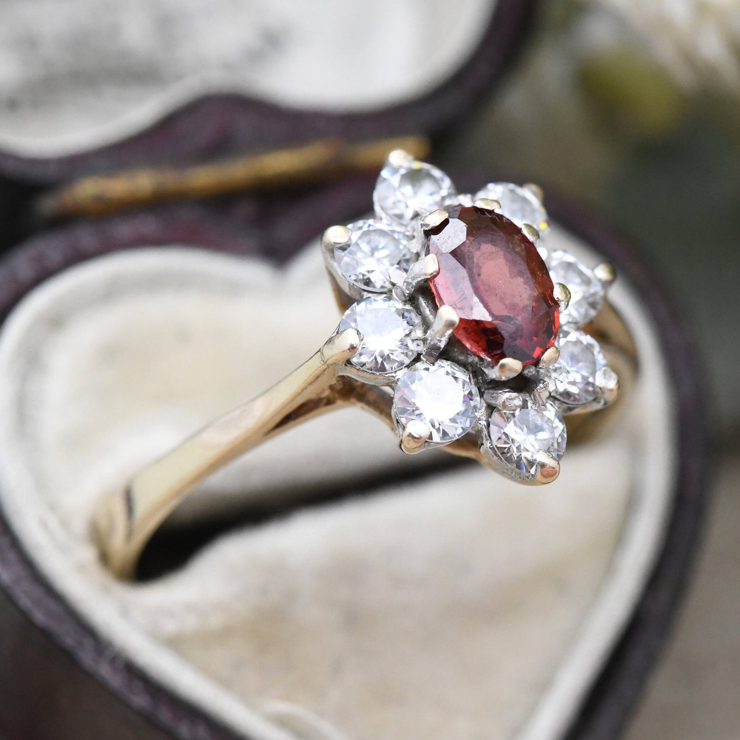 Vintage 9ct Gold Garnet Flower Ring 1984 with Clear Stone Halo - UK Size - S 1/2 | US Size - 9 1/4