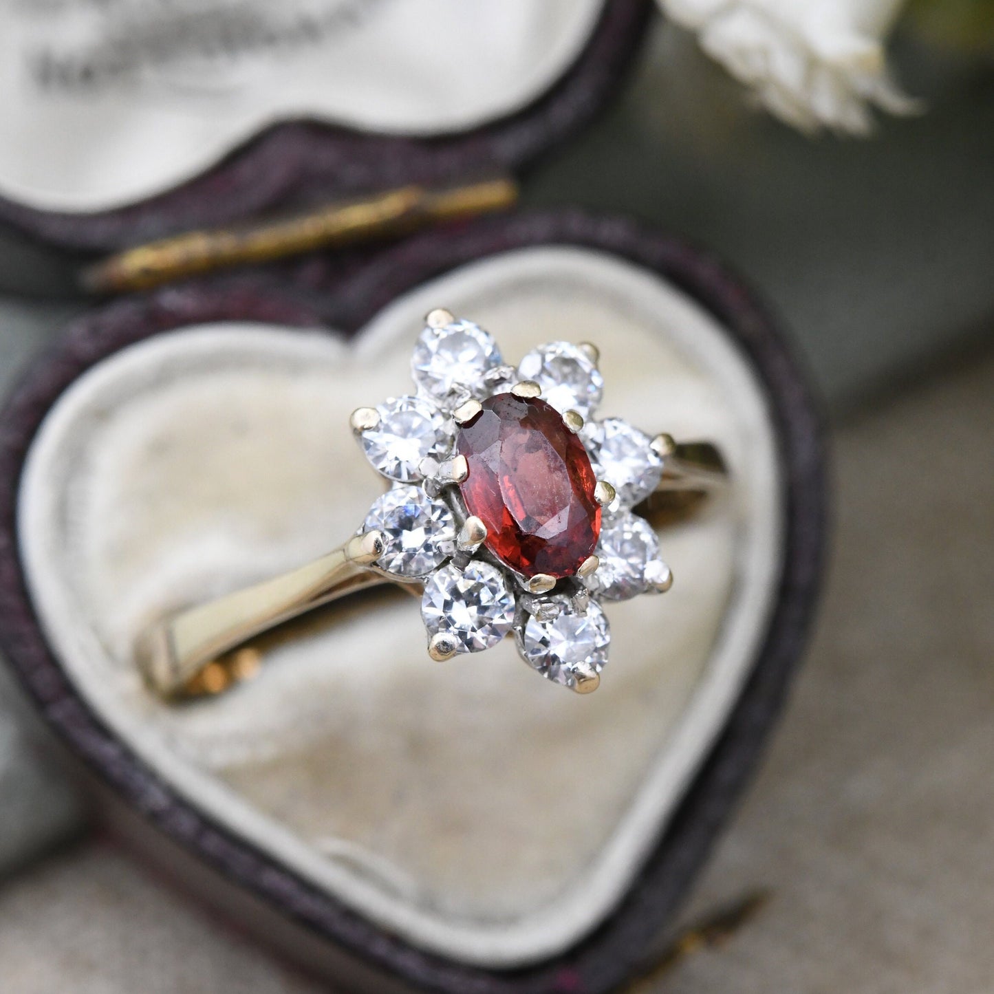 Vintage 9ct Gold Garnet Flower Ring 1984 with Clear Stone Halo - UK Size - S 1/2 | US Size - 9 1/4