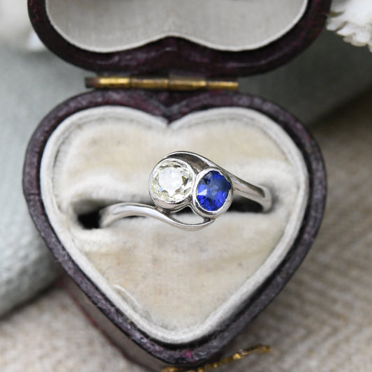 Antique 18ct Gold and Platinum Sapphire and Diamond Ring - Art Deco Toi et Moi Engagement Ring | UK Size - I 1/2 | US Size - 4 1/2