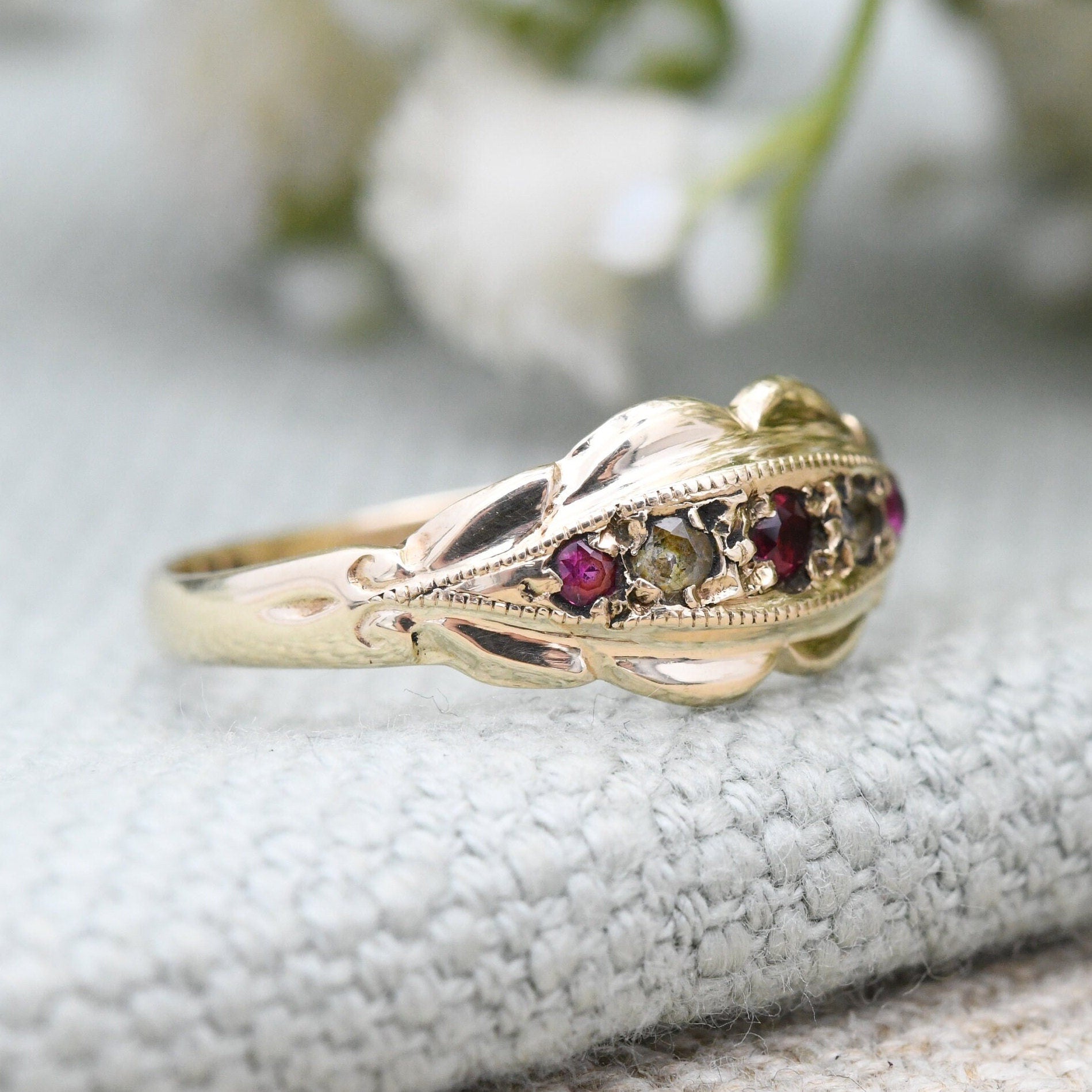 Vintage 9ct Gold Ruby Boat Ring 1970 - Five Stone Antique Style Band | Victorian Revival | UK Size - N 1/2 | US Size - 7