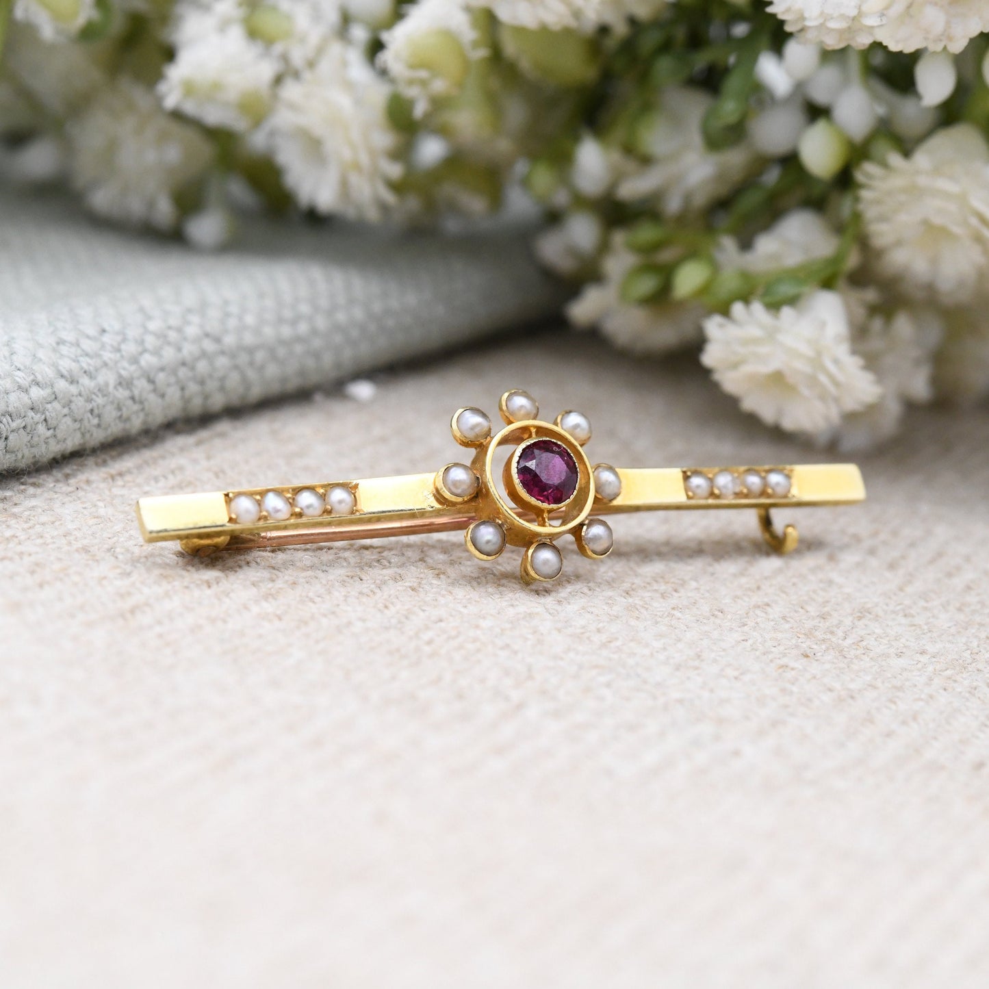 Antique 15ct Gold Ruby and Pearl Brooch - Flower Star Shaped | White and Red Stones | Edwardian Bar Brooch