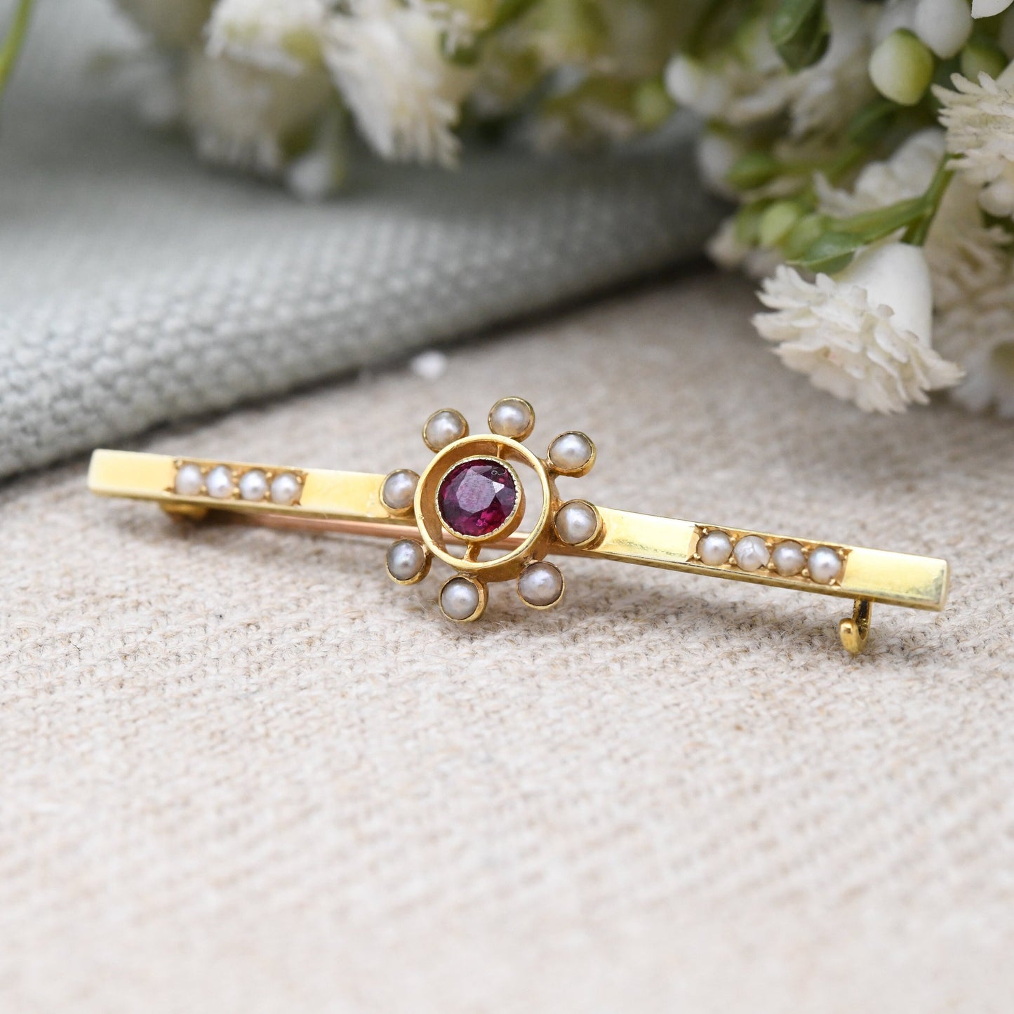 Antique 15ct Gold Ruby and Pearl Brooch - Flower Star Shaped | White and Red Stones | Edwardian Bar Brooch