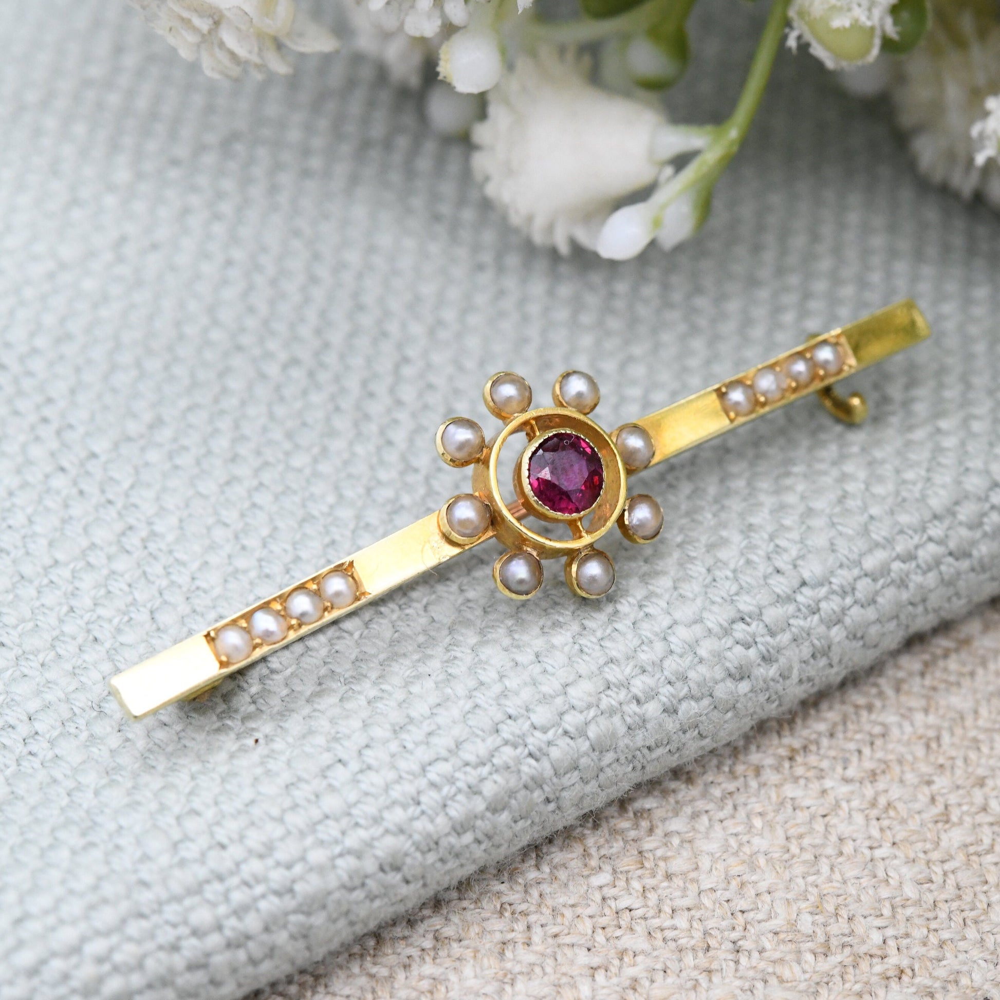 Antique 15ct Gold Ruby and Pearl Brooch - Flower Star Shaped | White and Red Stones | Edwardian Bar Brooch