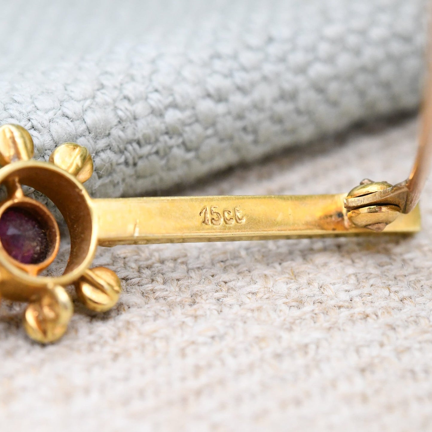 Antique 15ct Gold Ruby and Pearl Brooch - Flower Star Shaped | White and Red Stones | Edwardian Bar Brooch