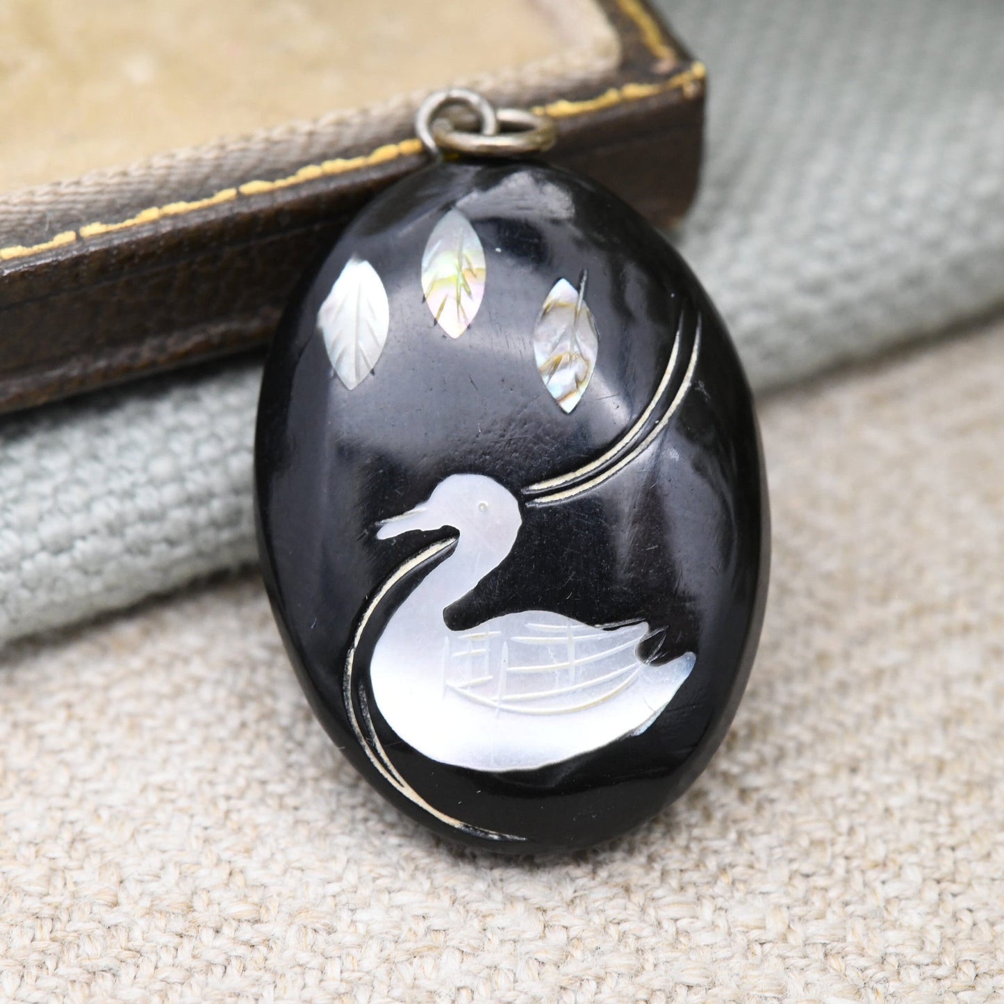 Vintage Mother of Pearl Duck Pendant - Carved Shell Leaves