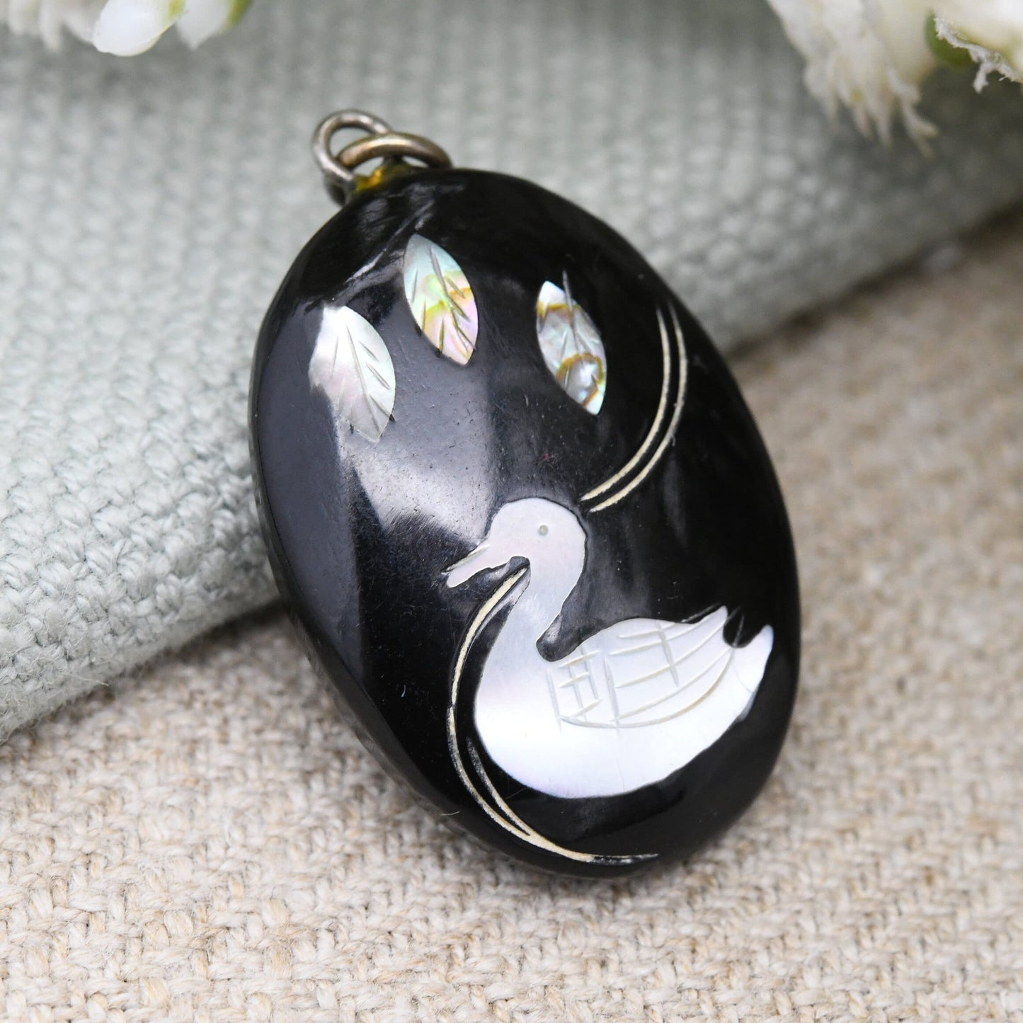 Vintage Mother of Pearl Duck Pendant - Carved Shell Leaves