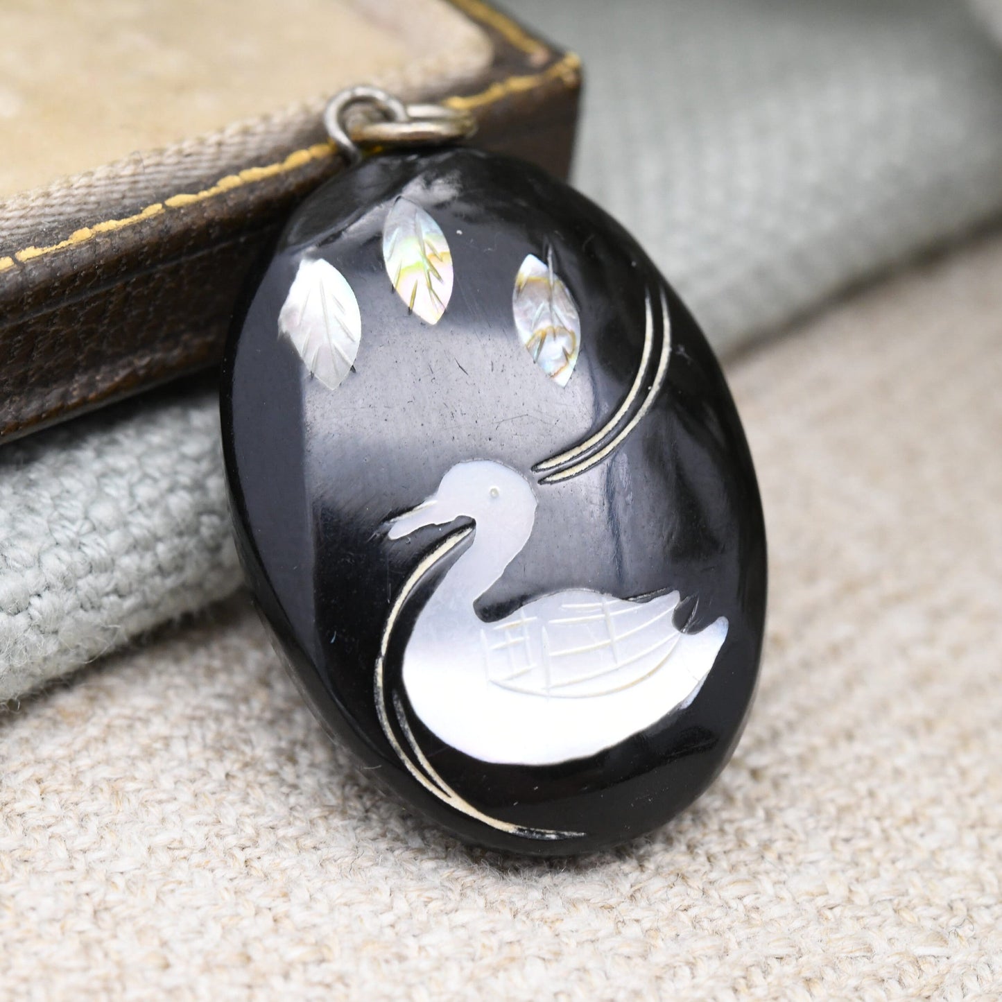 Vintage Mother of Pearl Duck Pendant - Carved Shell Leaves