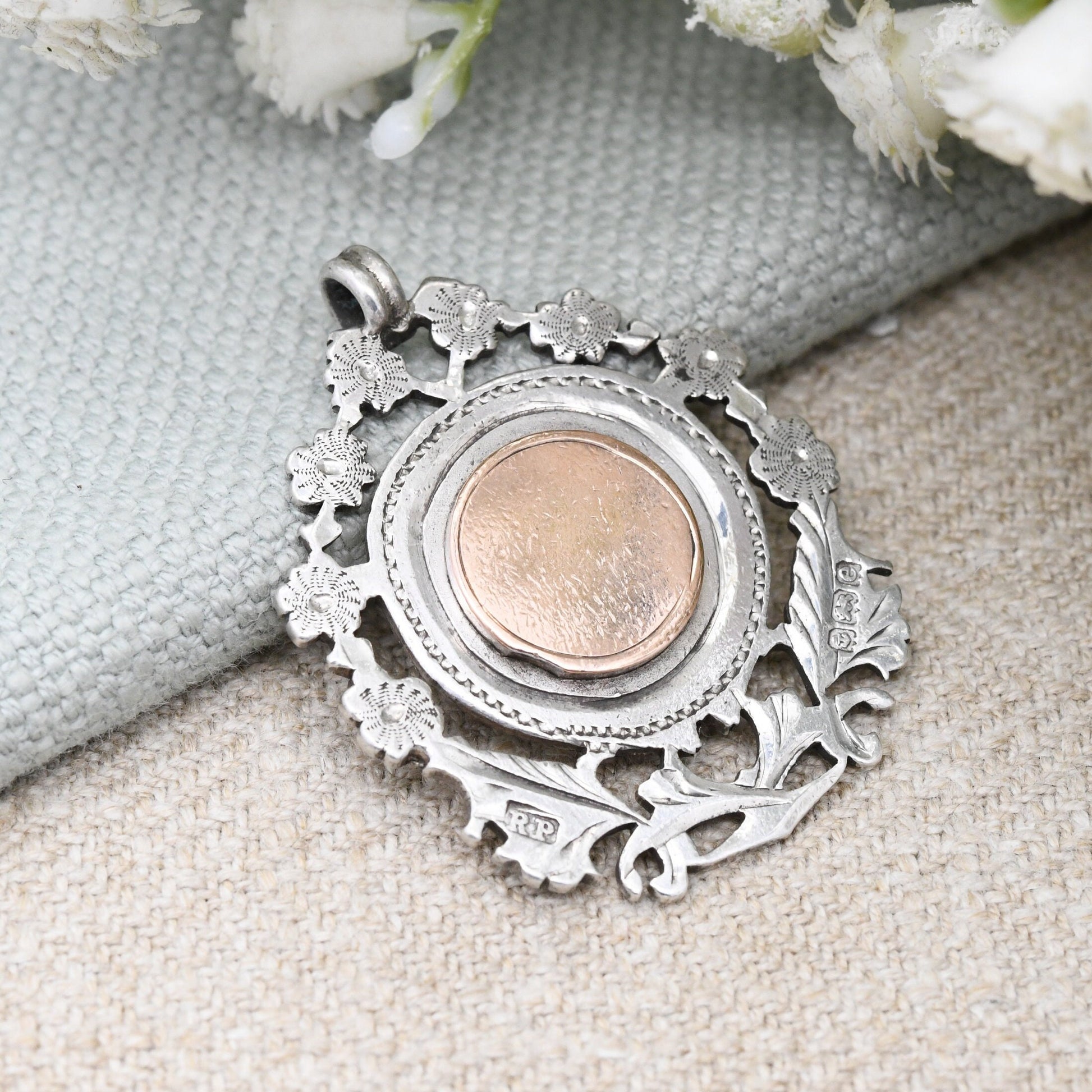 Antique Sterling Silver and Rose Gold Watch Fob 1904 by Robert Pringle - Edwardian Flowers Aesthetic Movement