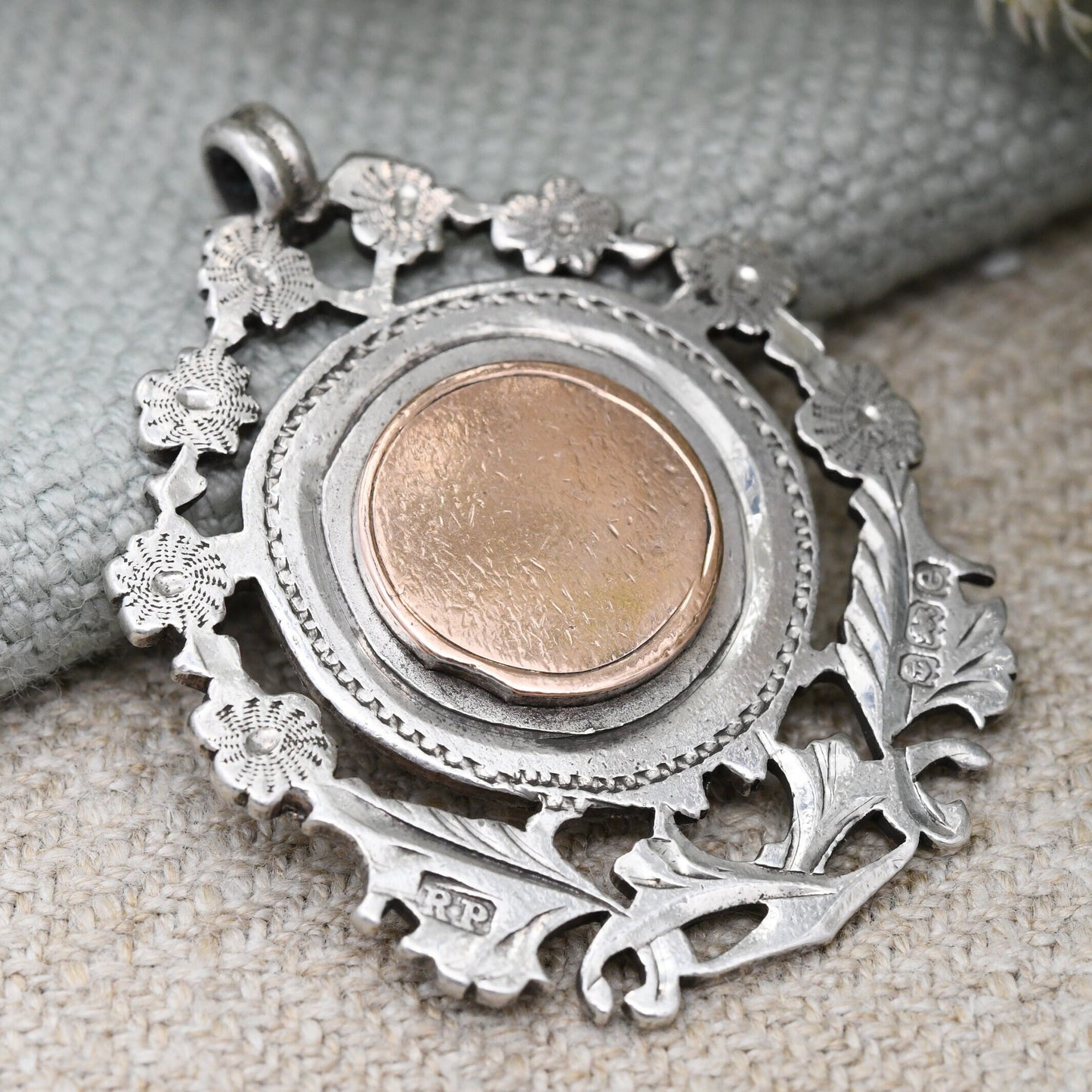 Antique Sterling Silver and Rose Gold Watch Fob 1904 by Robert Pringle - Edwardian Flowers Aesthetic Movement