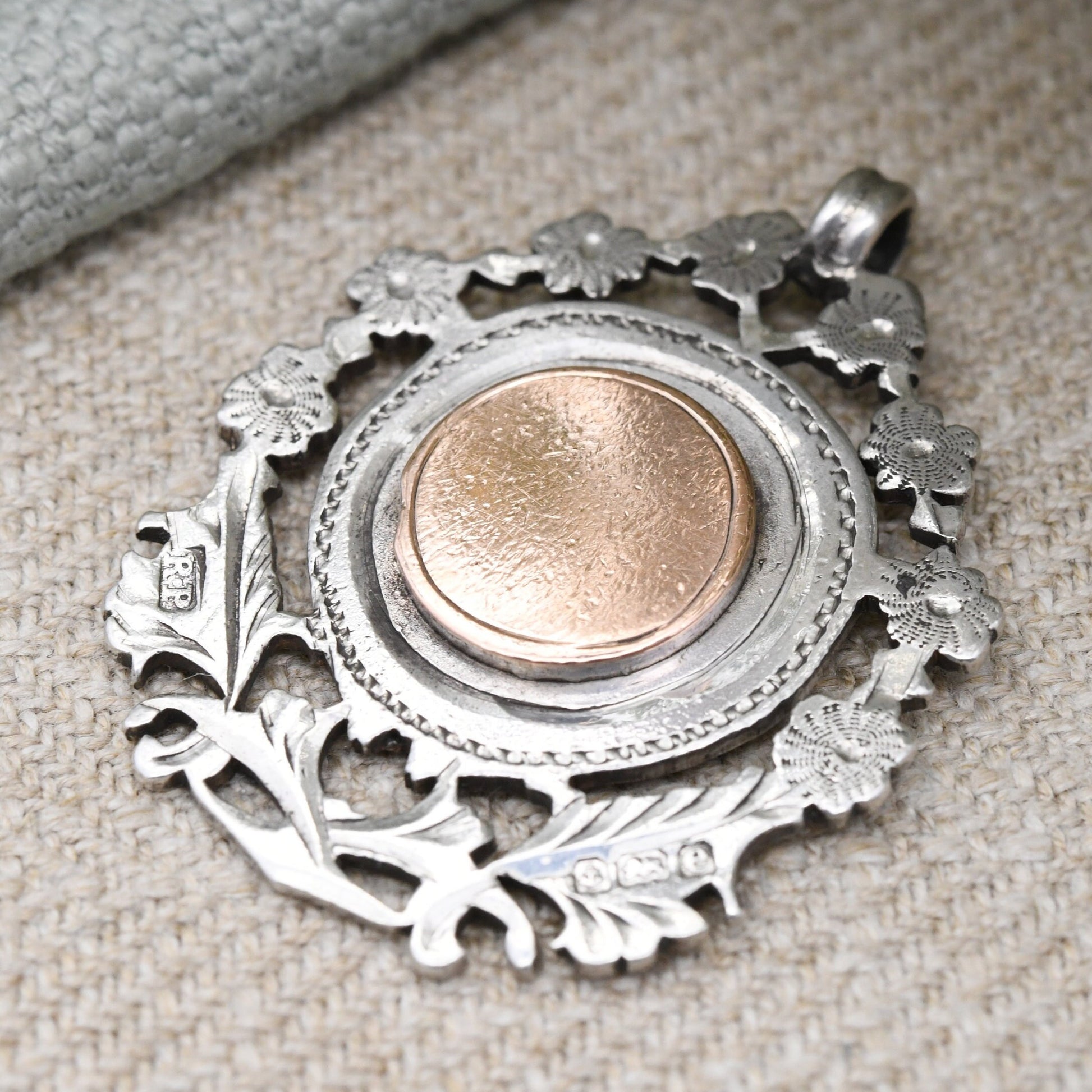 Antique Sterling Silver and Rose Gold Watch Fob 1904 by Robert Pringle - Edwardian Flowers Aesthetic Movement