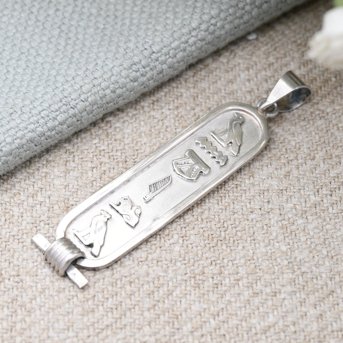 Vintage Silver Egyptian Cartouche Pendant with Hieroglyphs - Spelling Out Name Angela