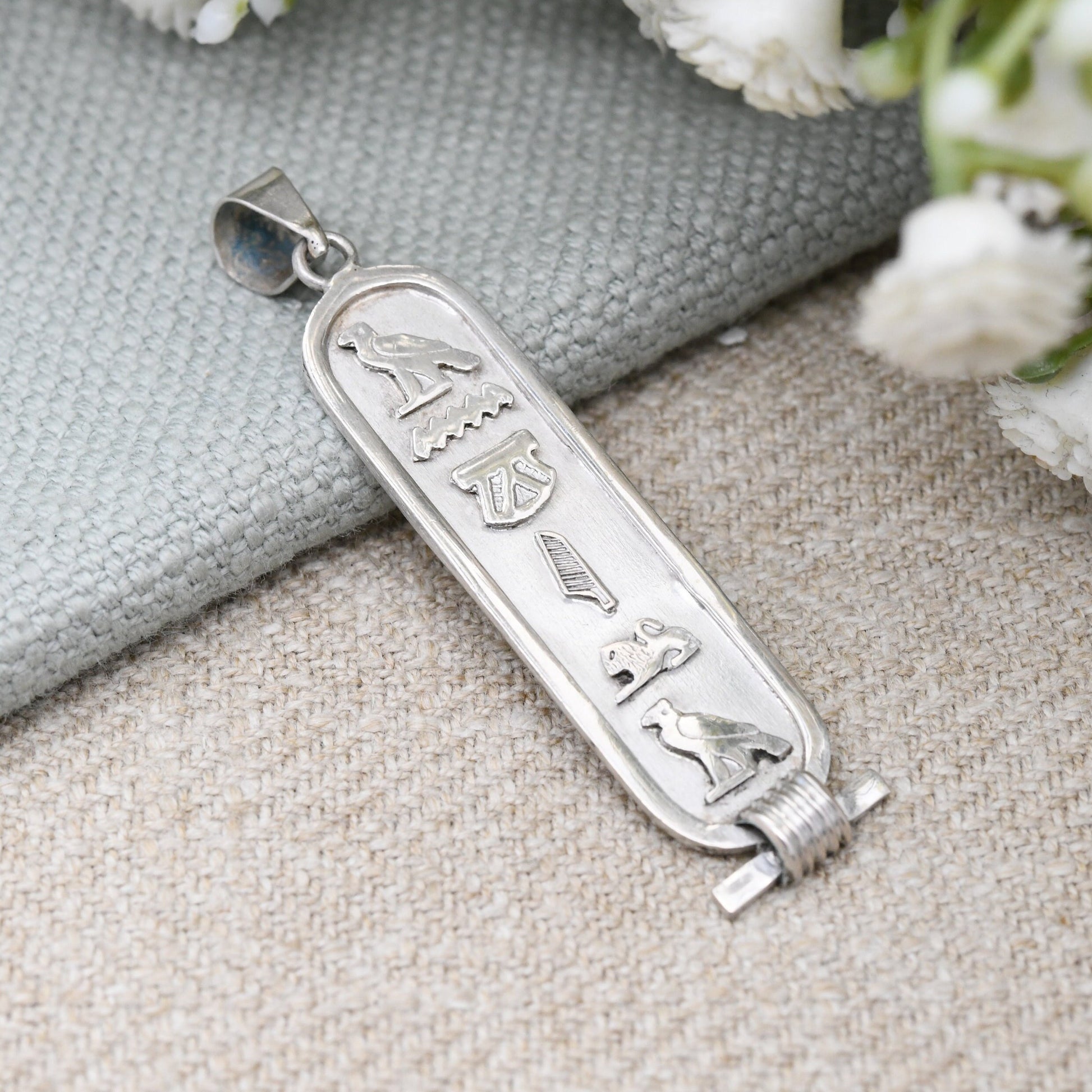 Vintage Silver Egyptian Cartouche Pendant with Hieroglyphs - Spelling Out Name Angela