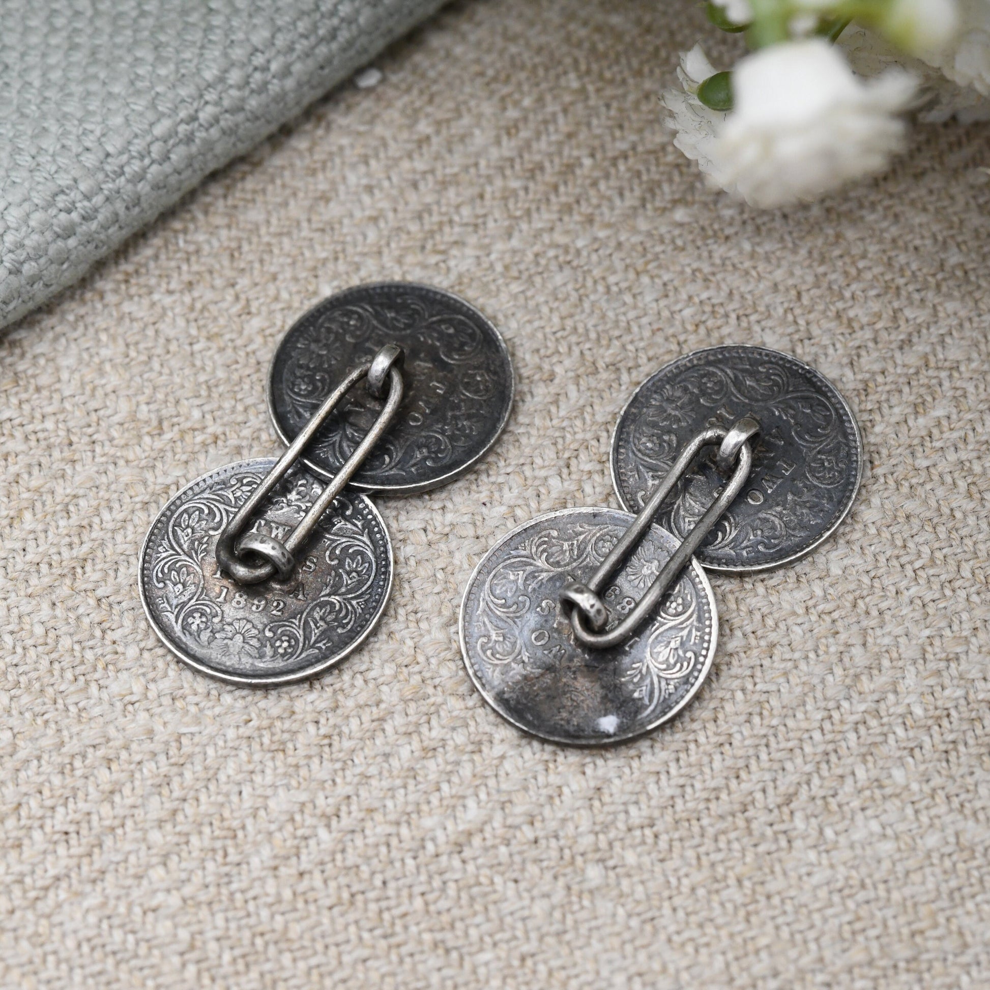 Antique Silver Victoria Coin Cufflinks with Crowned Head - 1892 Two Annas British India | Empress Victoria