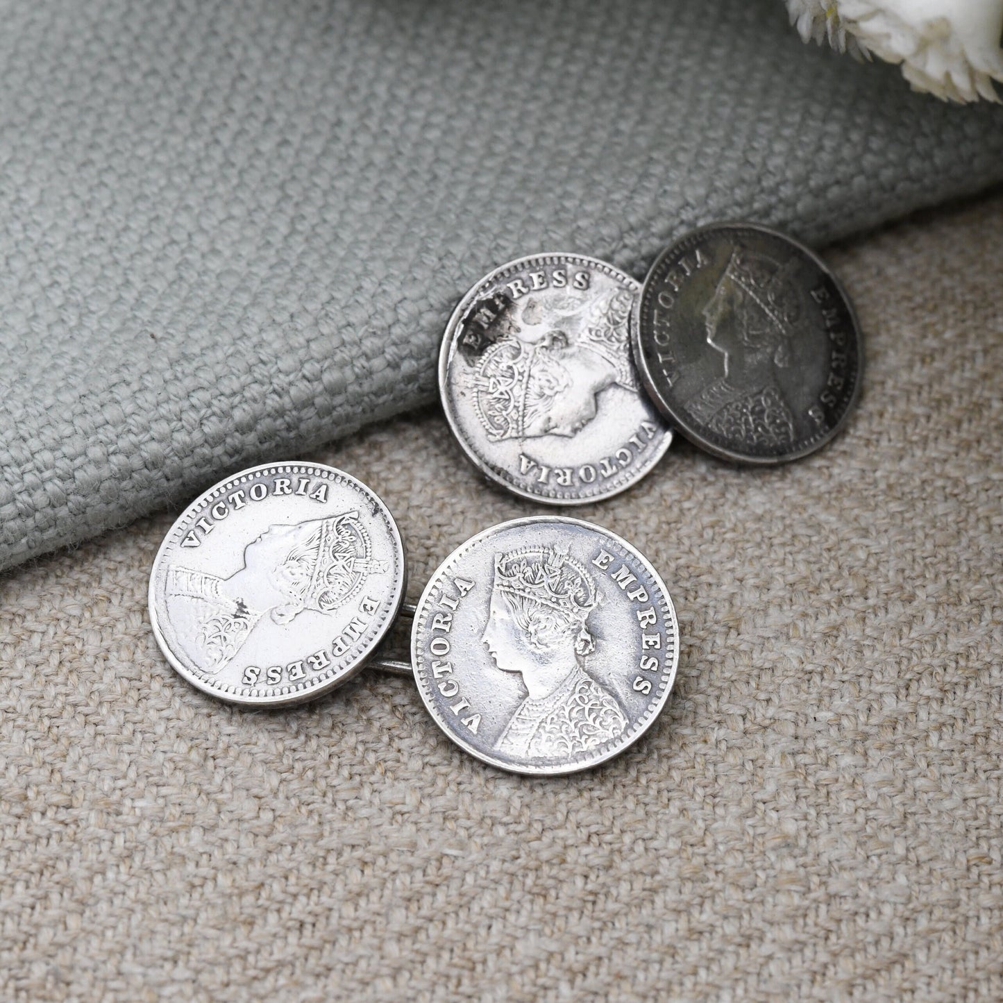 Antique Silver Victoria Coin Cufflinks with Crowned Head - 1892 Two Annas British India | Empress Victoria