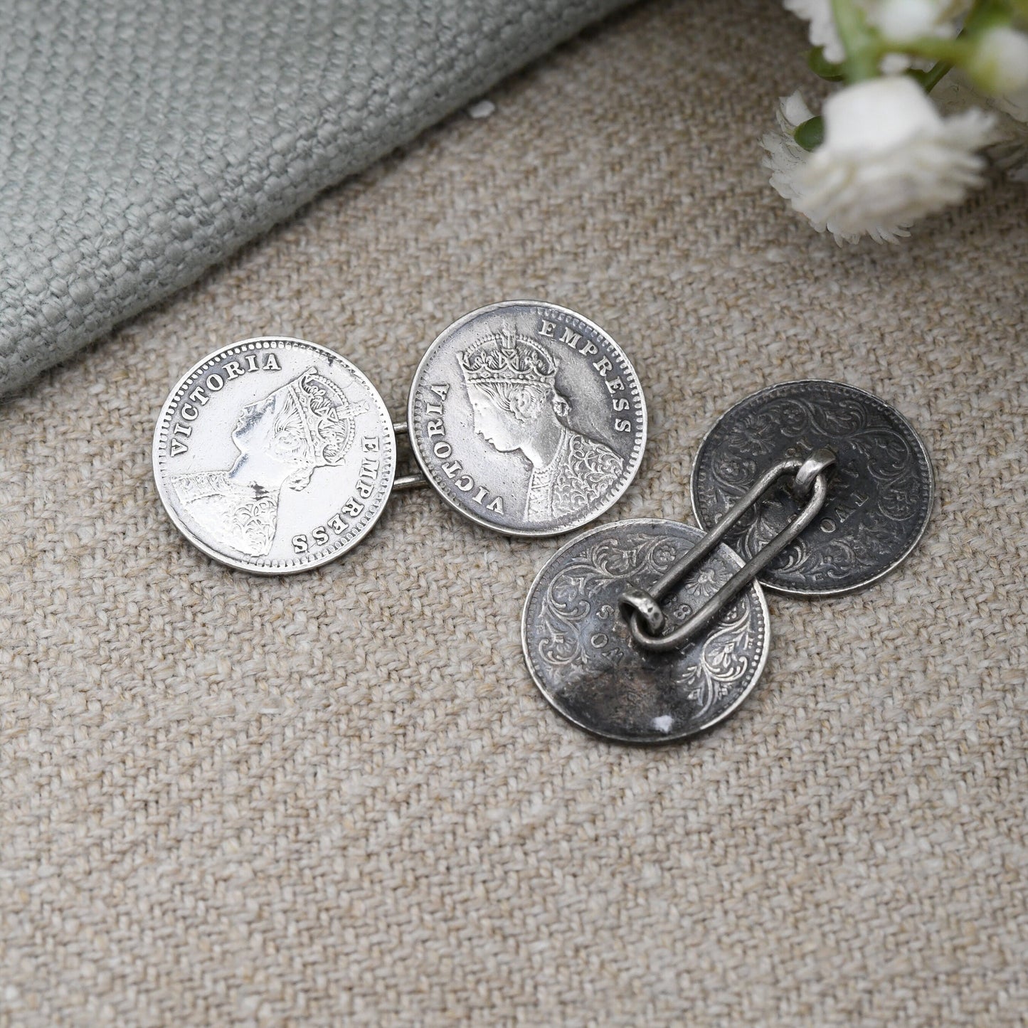 Antique Silver Victoria Coin Cufflinks with Crowned Head - 1892 Two Annas British India | Empress Victoria