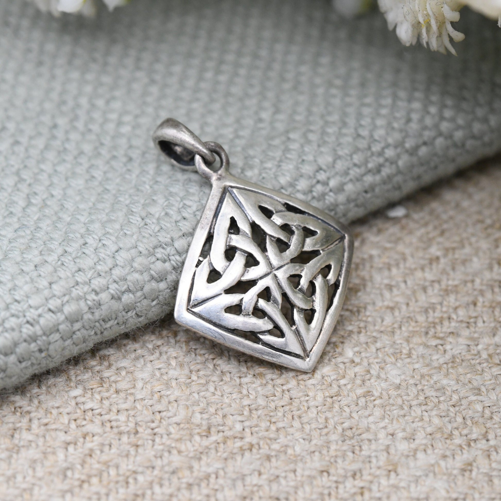 Vintage Sterling Silver Celtic Openwork Pendant - Diamond Shaped Triquetra Pattern