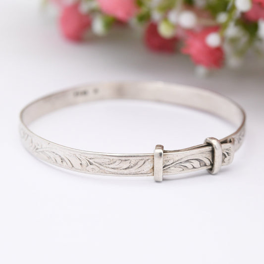 Vintage Sterling Silver Baby Bangle Bracelet 1979 - Expanding Child Bangle | Floral Leaf Design