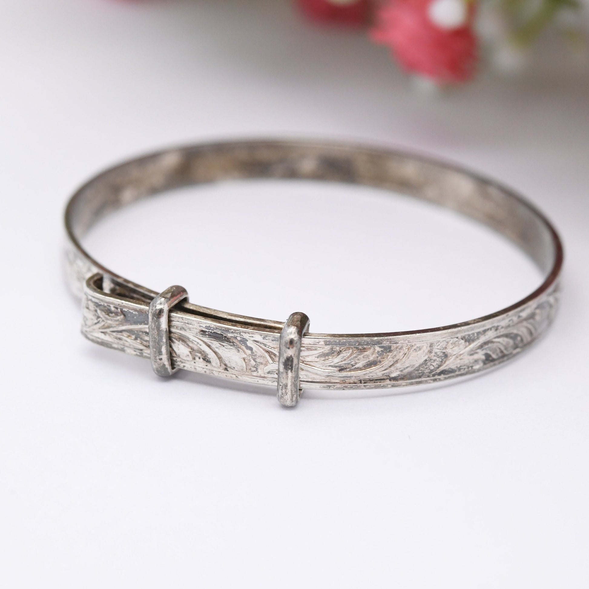 Vintage Sterling Silver Baby Bangle Bracelet - Expanding Child Bangle | Flower Design | Wide Band