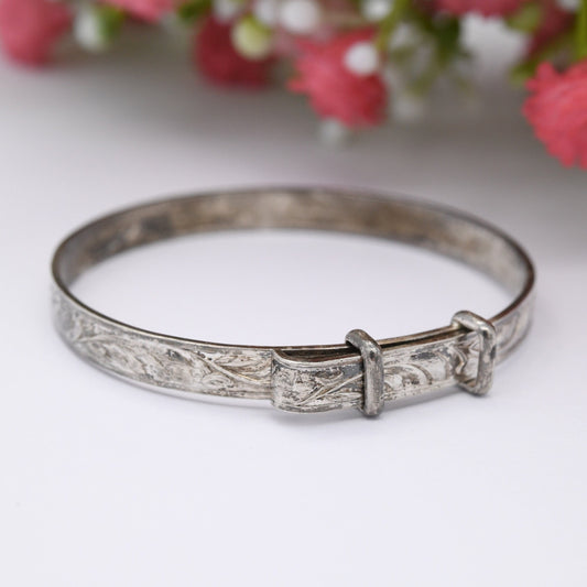 Vintage Sterling Silver Baby Bangle Bracelet - Expanding Child Bangle | Flower Design | Wide Band