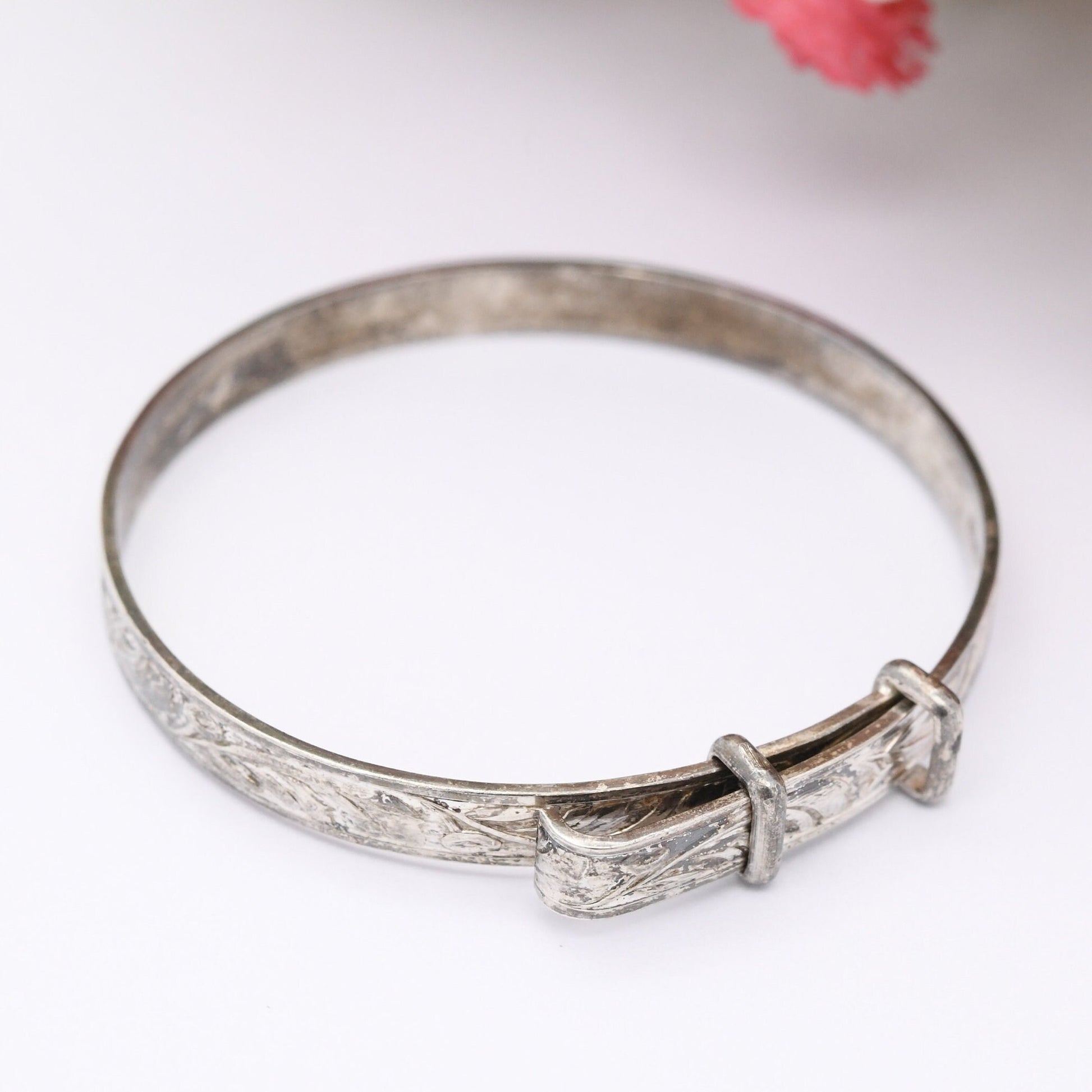 Vintage Sterling Silver Baby Bangle Bracelet - Expanding Child Bangle | Flower Design | Wide Band