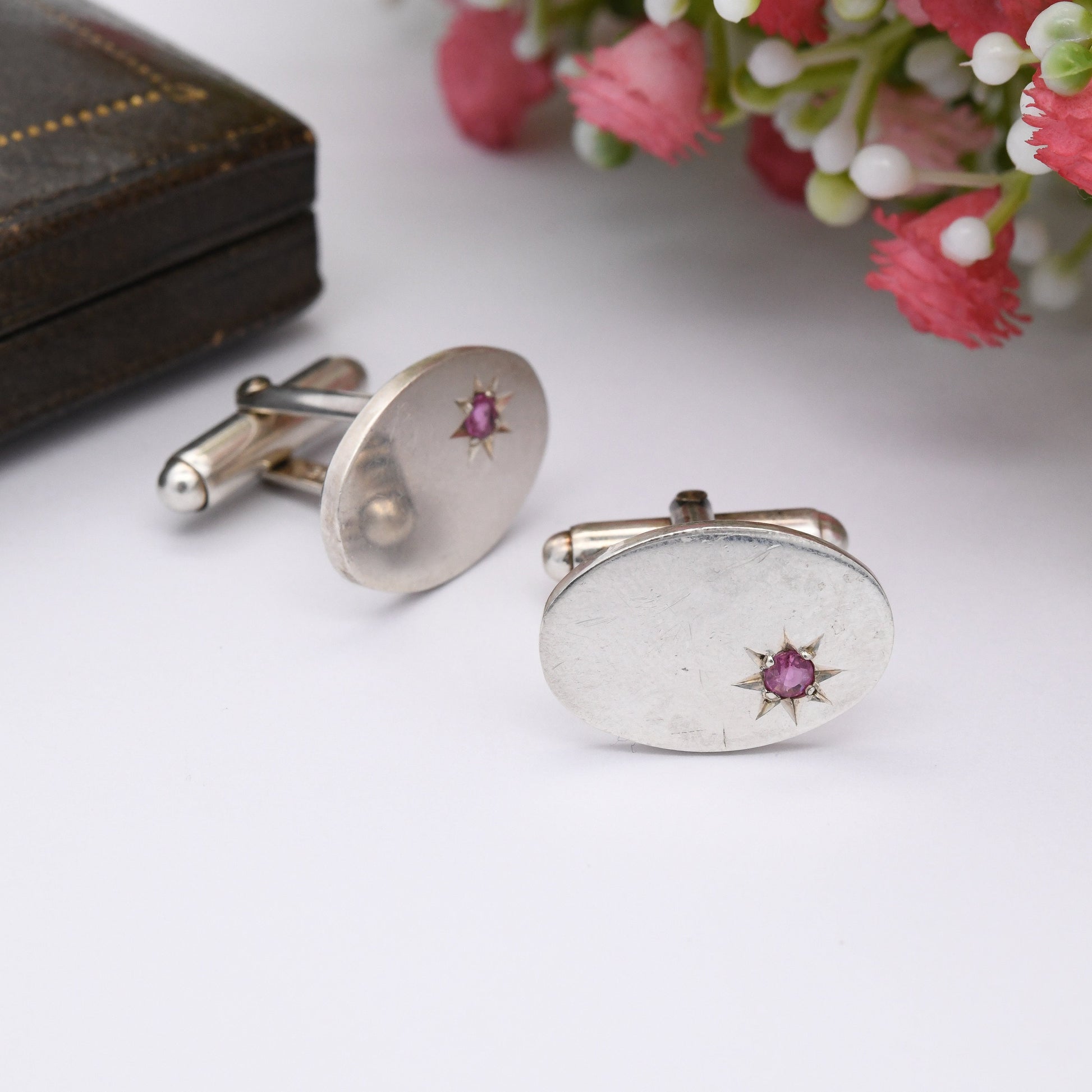 Vintage Sterling Silver Ruby Cufflinks 1998 - Star Setting | Y2K Silver Jewellery | Men's Accessory Gift for Him