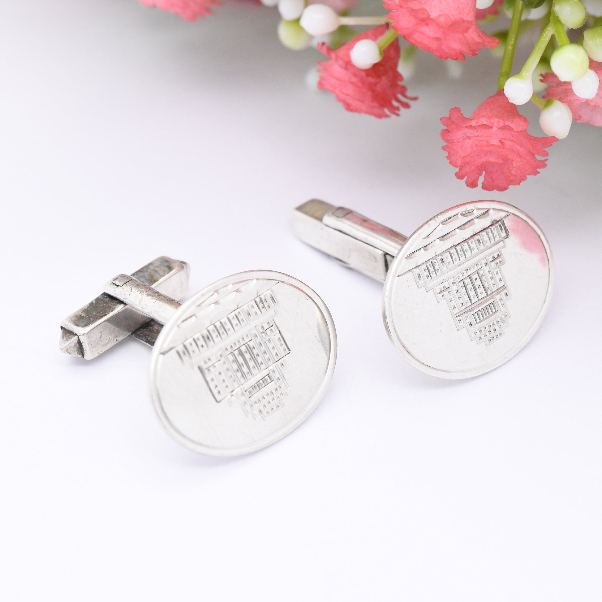 Vintage Sterling Silver Cufflinks 1969 by S J Rose - With Architectural Building | Mid-Century Silver Jewellery