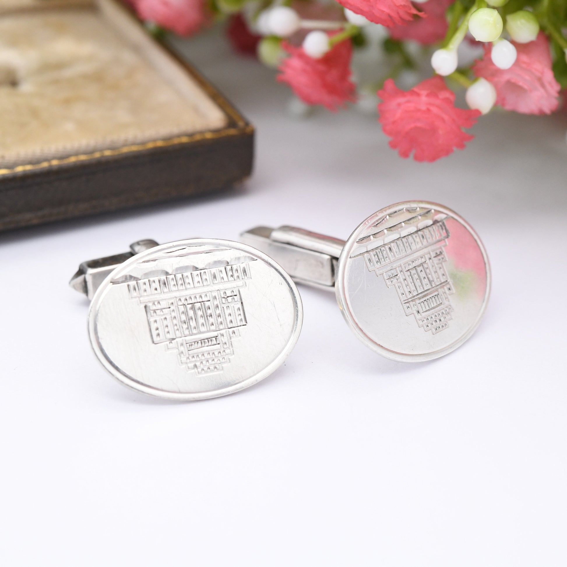 Vintage Sterling Silver Cufflinks 1969 by S J Rose - With Architectural Building | Mid-Century Silver Jewellery