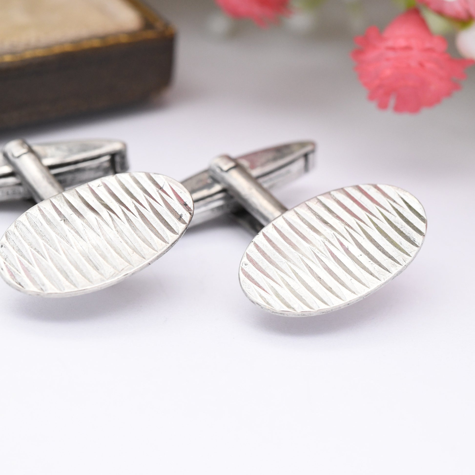 Vintage Sterling Silver Cufflinks 1964 by John Ashford & Son - Mid-Century Textured Silver | Diamond Cut Lines