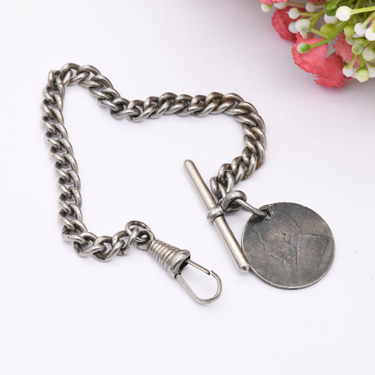 Vintage Albert Chain T-Bar Dog Clip & Antique Sterling Silver 1 Shilling South Africa Coin President Kruger - Victorian Pocket Watch Chain