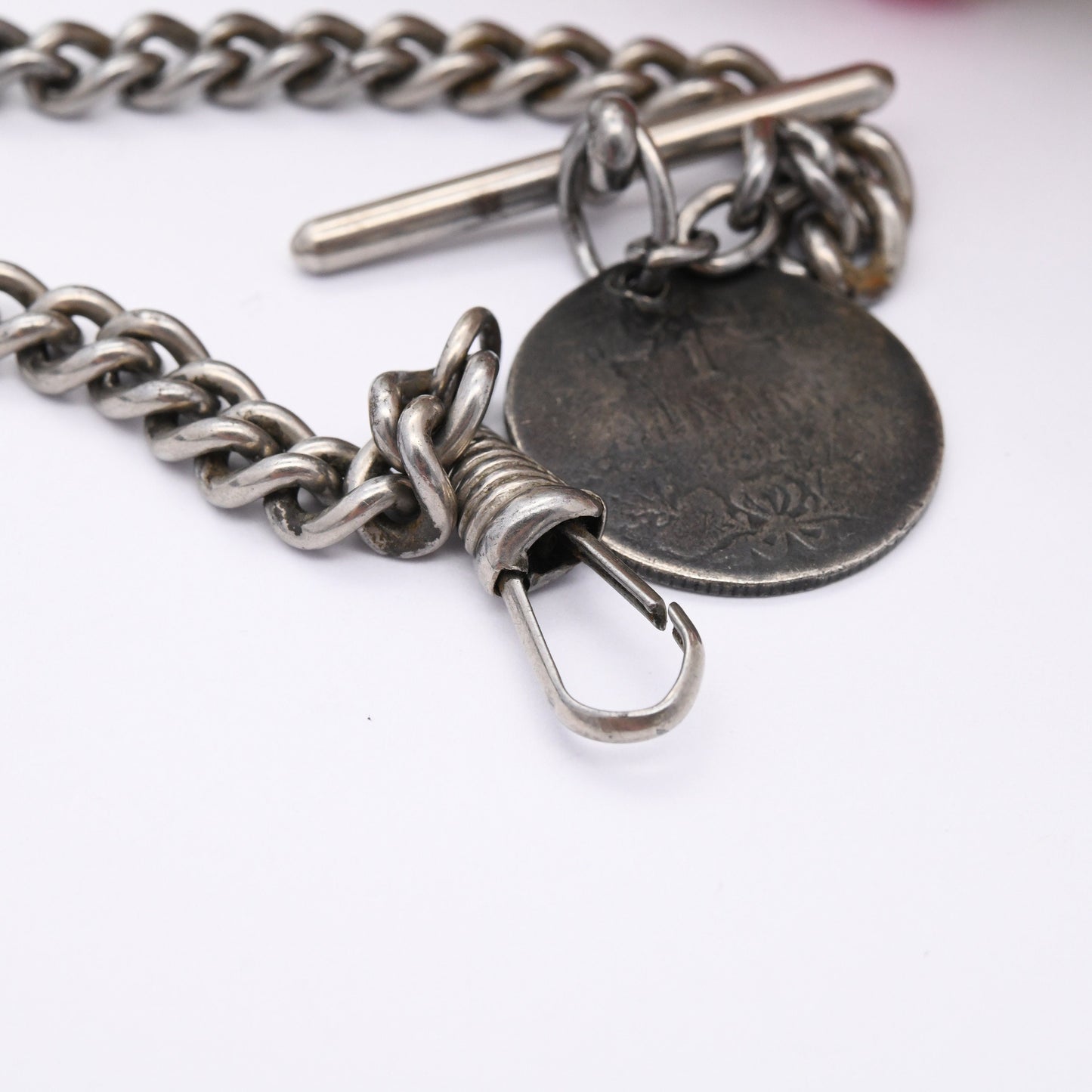 Vintage Albert Chain T-Bar Dog Clip & Antique Sterling Silver 1 Shilling South Africa Coin President Kruger - Victorian Pocket Watch Chain