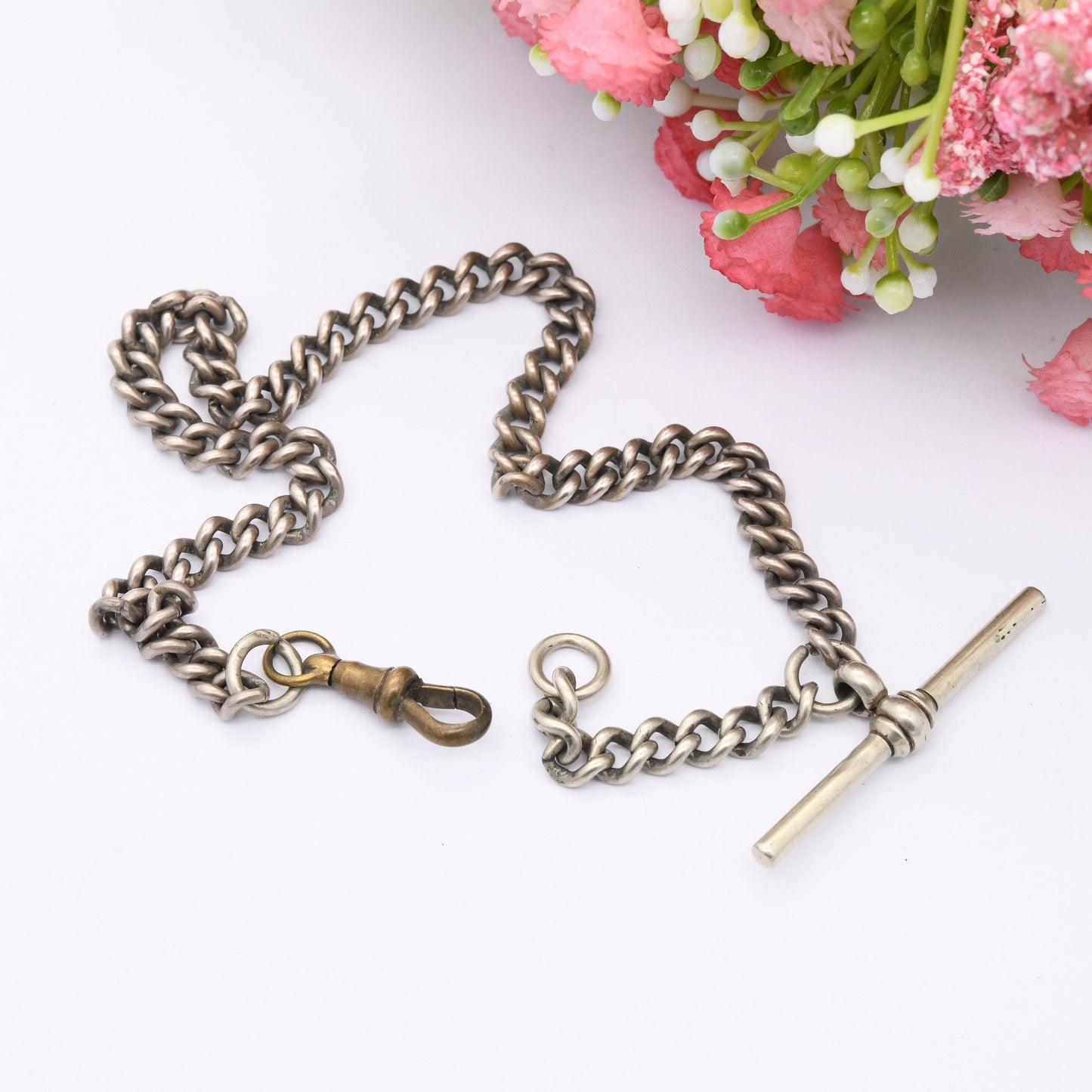 Antique Albert Chain with T-Bar Dog Clip Clasp - Victorian Pocket Watch Chain | Silver Plated