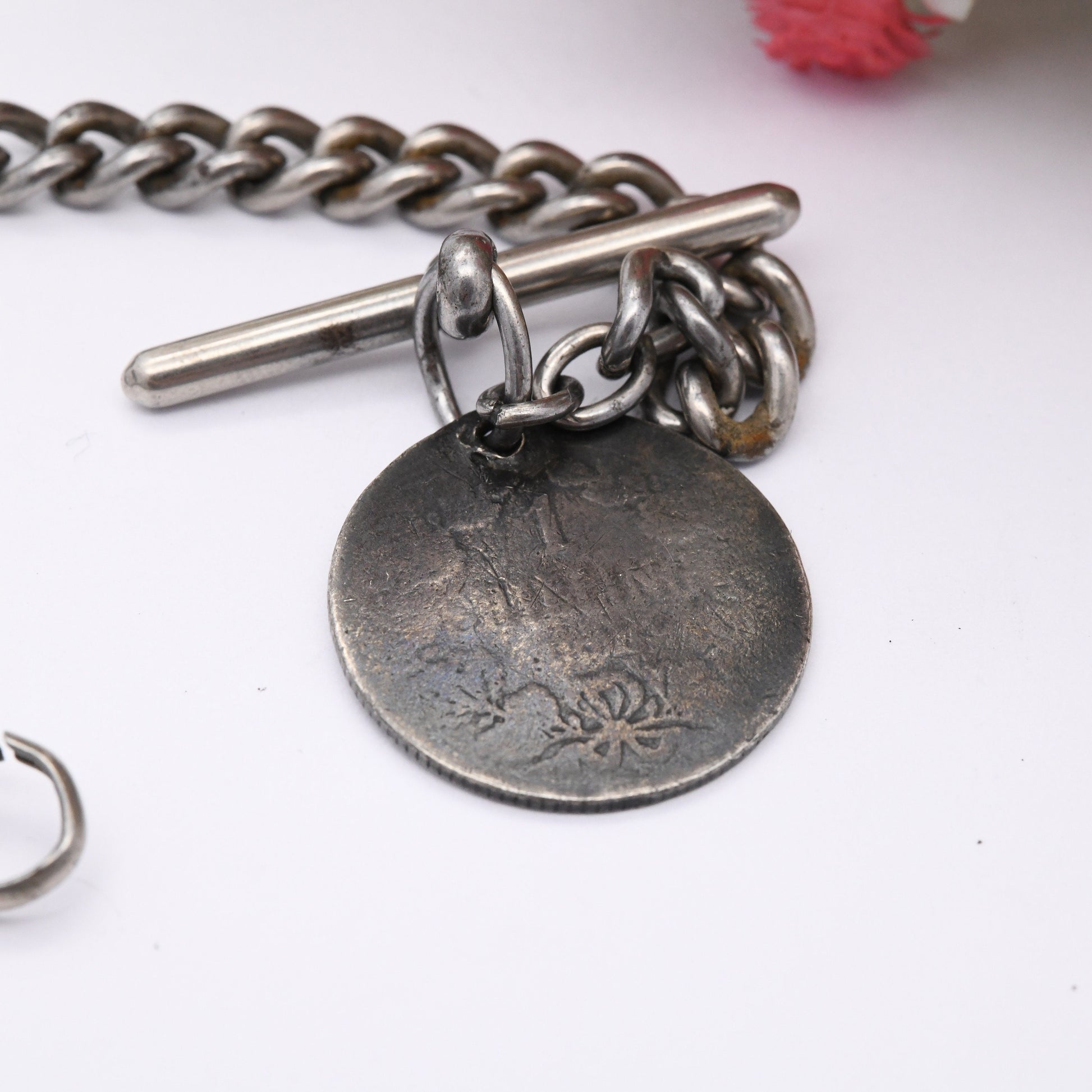 Vintage Albert Chain T-Bar Dog Clip & Antique Sterling Silver 1 Shilling South Africa Coin President Kruger - Victorian Pocket Watch Chain