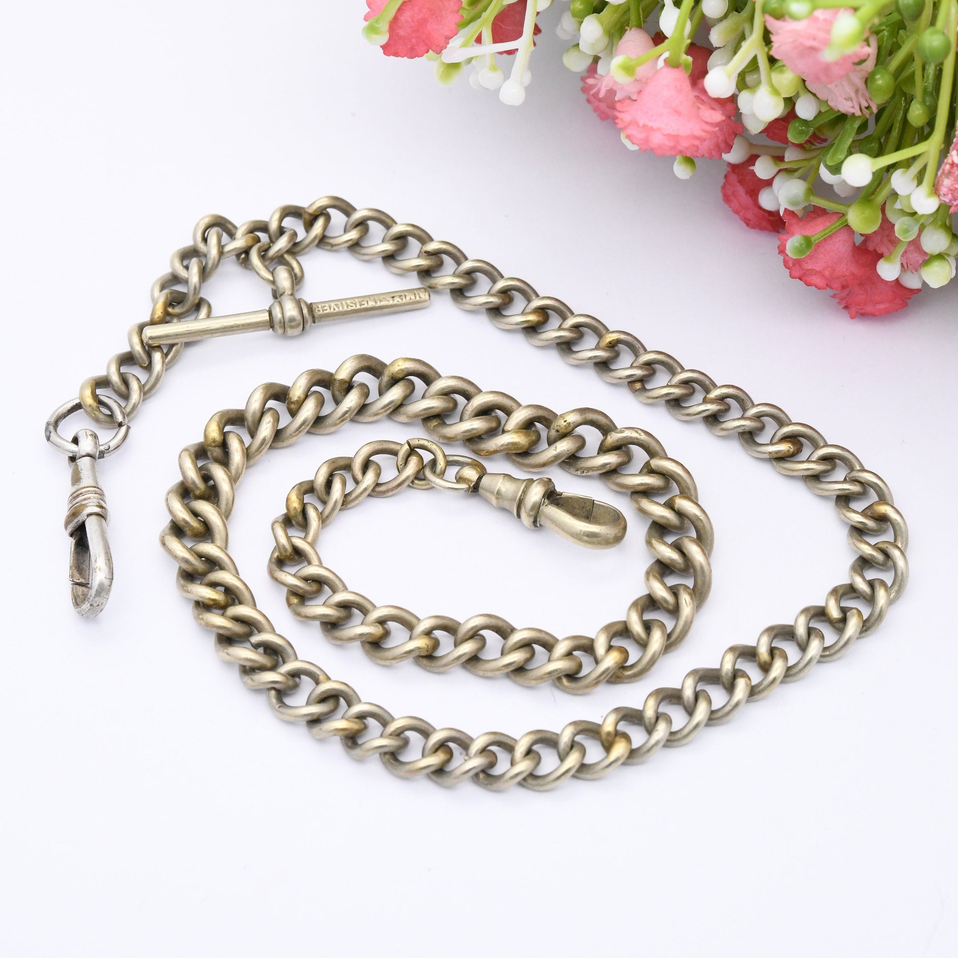 Antique Albert Chain with T-Bar and Dog Clip - Victorian Pocket Watch Chain | Silver Plated | Graduated Curb Link Necklace Conversion