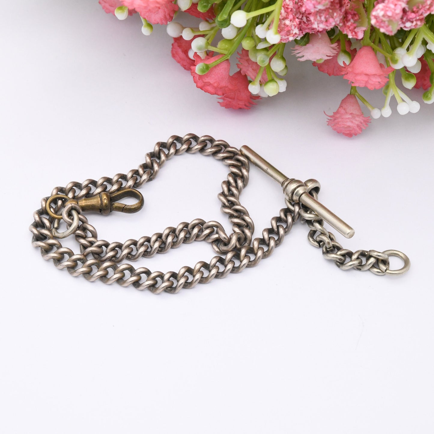 Antique Albert Chain with T-Bar Dog Clip Clasp - Victorian Pocket Watch Chain | Silver Plated