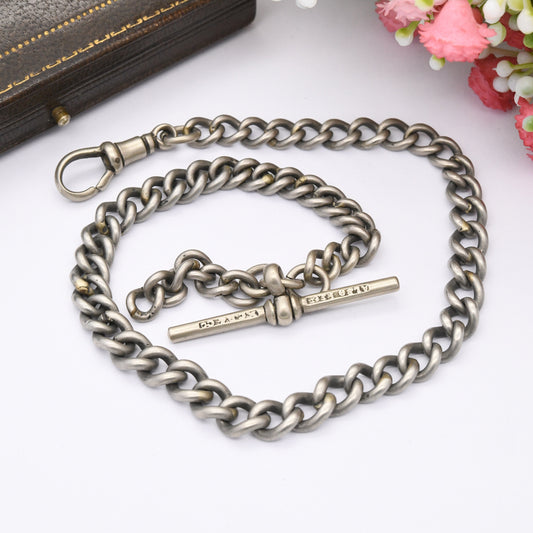 Antique Albert Chain with T-Bar and Dog Clip - Victorian Pocket Watch Chain | Albo Silver Plated