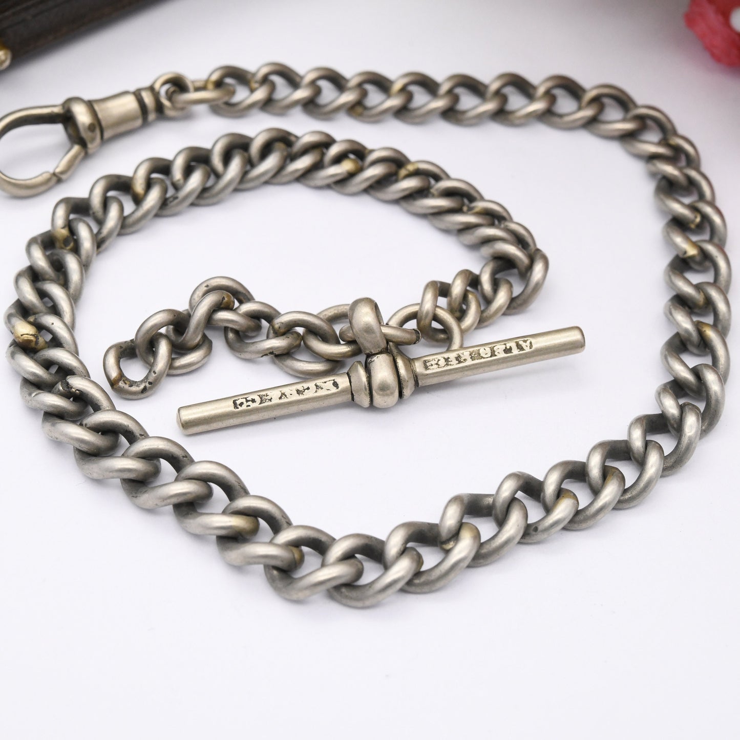 Antique Albert Chain with T-Bar and Dog Clip - Victorian Pocket Watch Chain | Albo Silver Plated