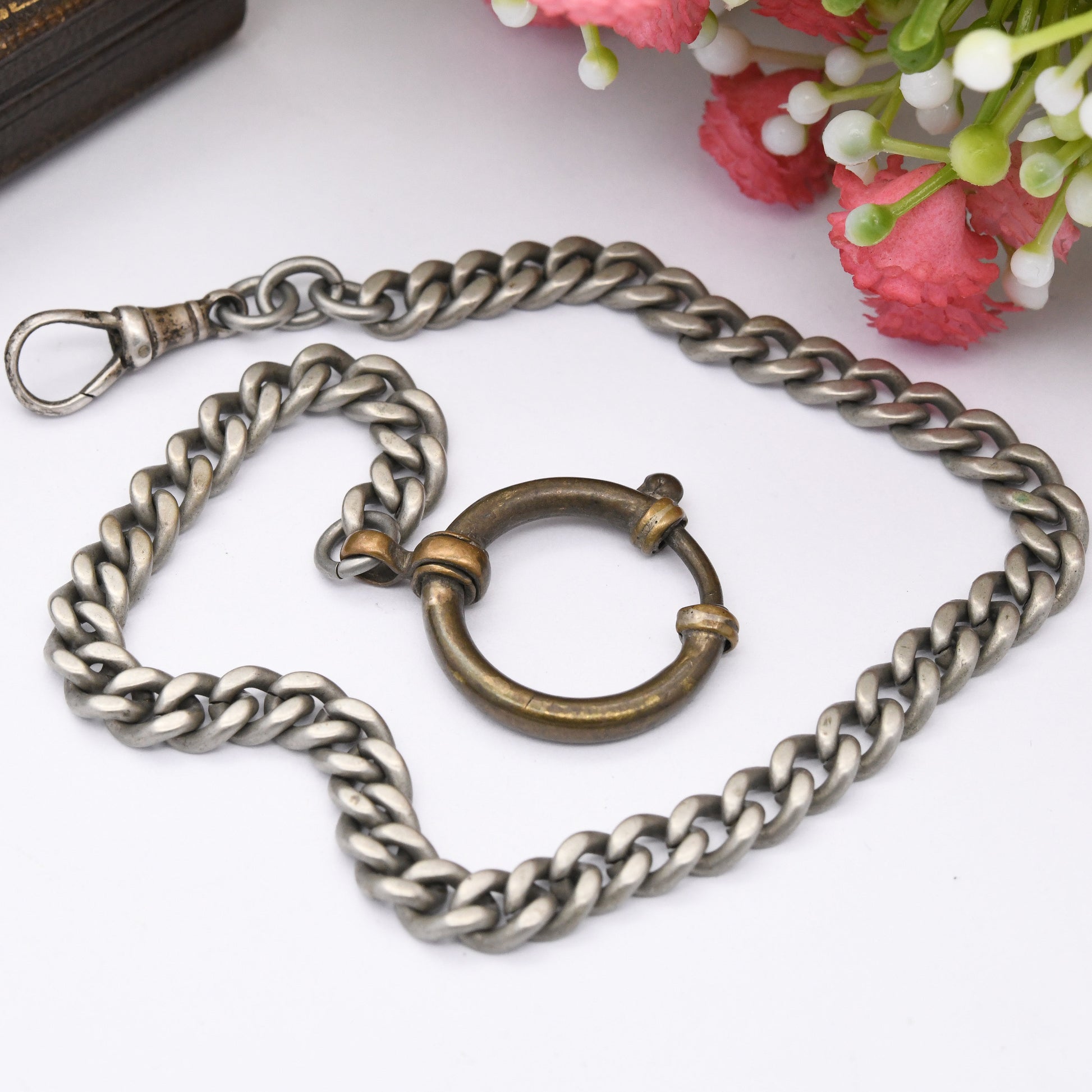 Antique Albert Chain with Oversized Spring Ring Clasp - Victorian Pocket Watch Chain | Silver Tone