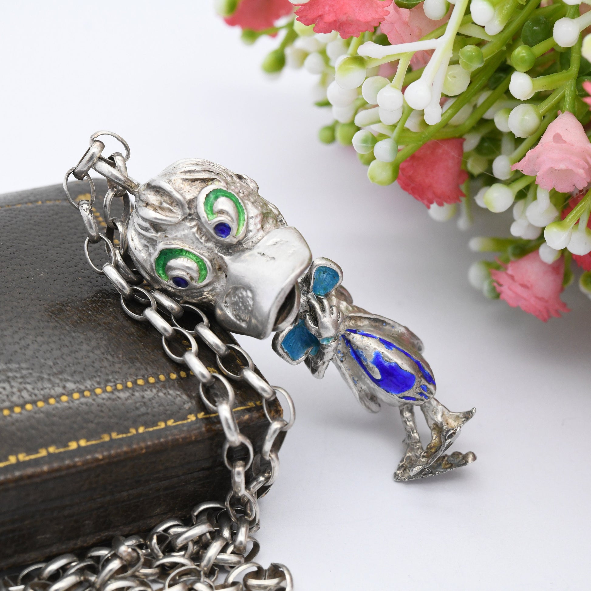 Vintage Sterling Silver Articulated Duck Pendant Necklace with Enamel Opening Beak - Novelty Animal Gift | Unusual Donald Duck
