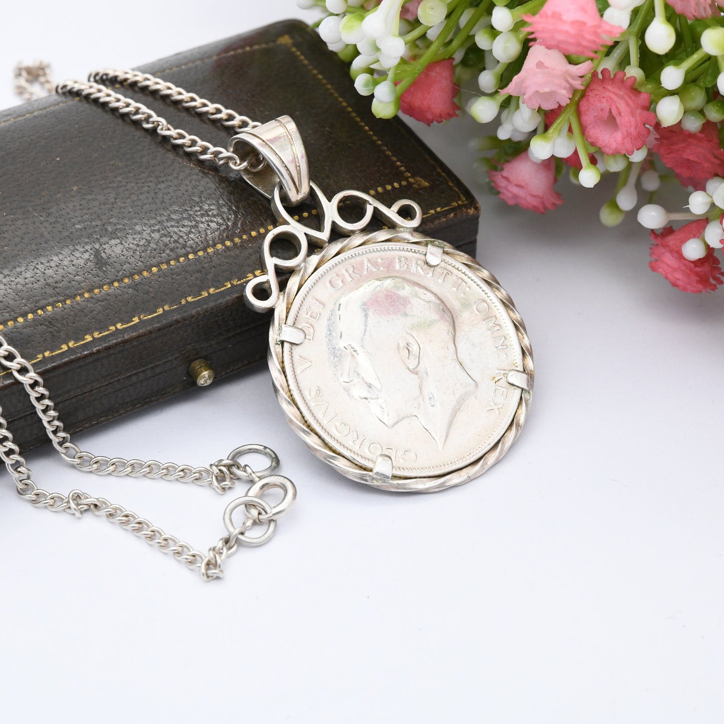 Antique Sterling Silver George V 1/2 Crown Coin Pendant Necklace 1914 - Chunky Coin Jewellery | Old UK Money