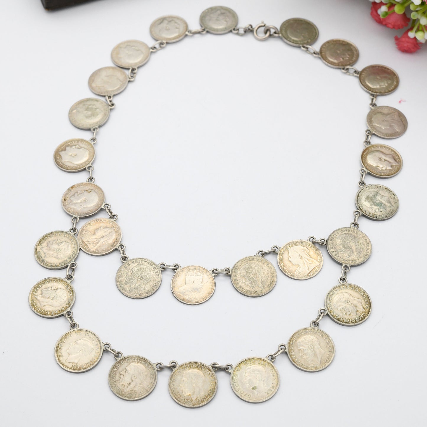 Antique Silver Threepence Coin Necklace - Queen Victoria King George V Coins 1896 - 1940 | Choker Length 38cm 15"