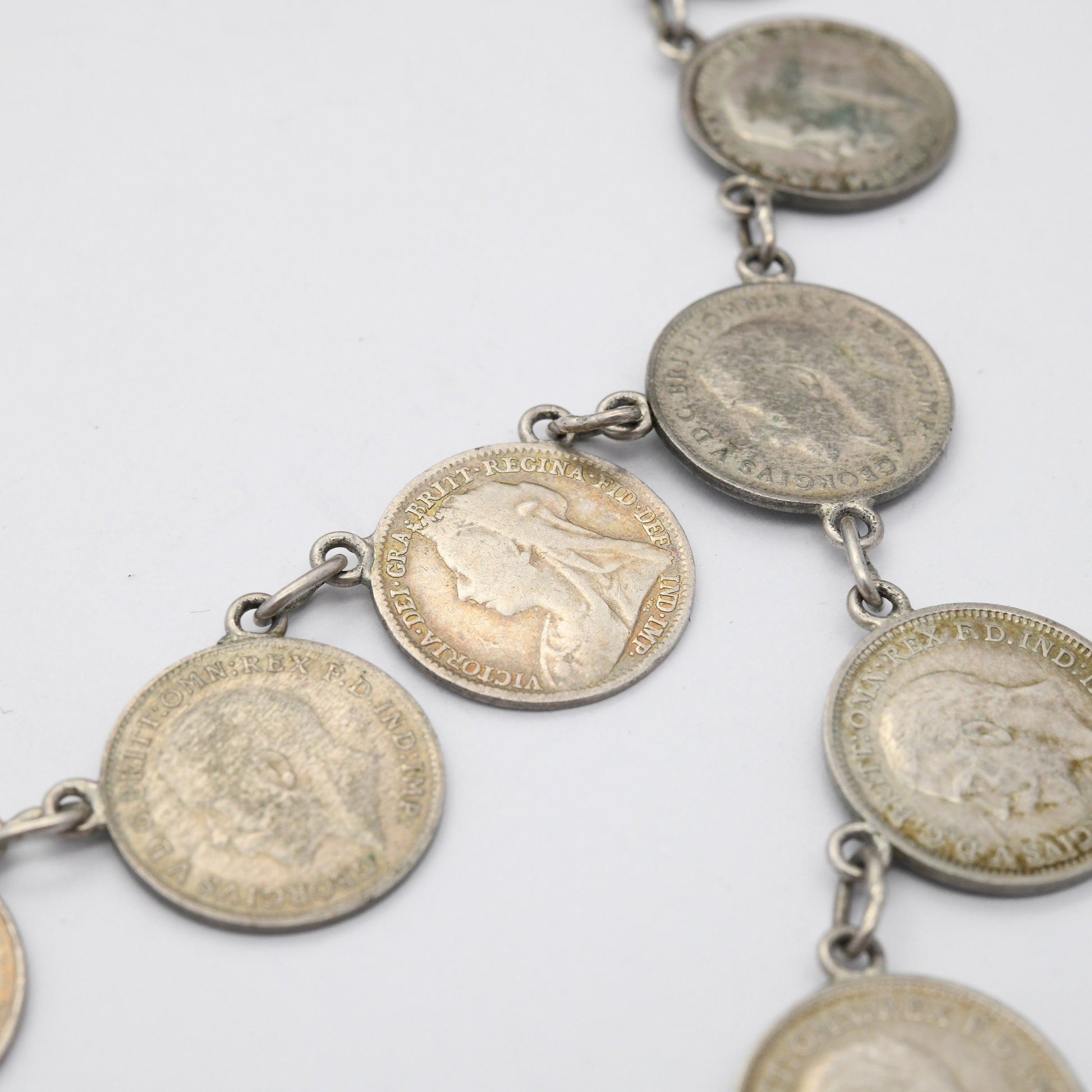 Antique Silver Threepence Coin Necklace - Queen Victoria King George V Coins 1896 - 1940 | Choker Length 38cm 15"