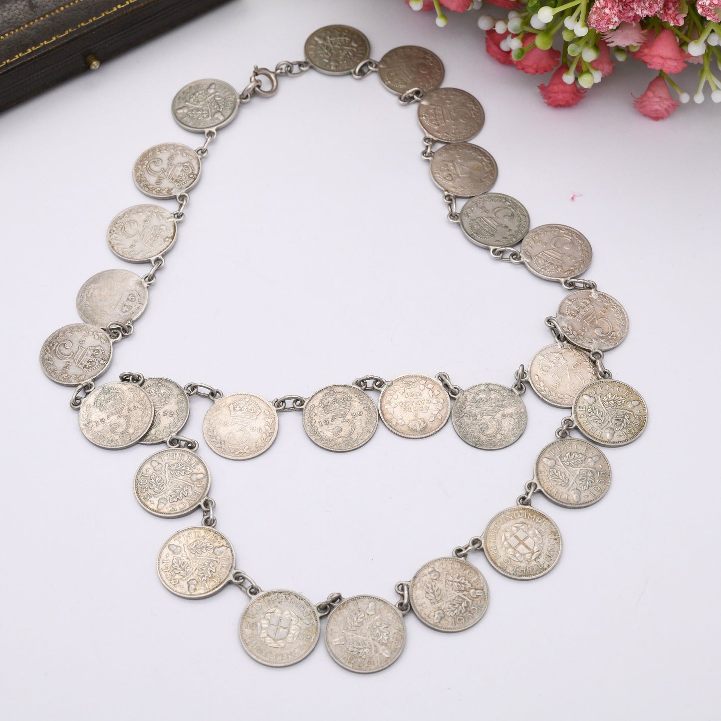 Antique Silver Threepence Coin Necklace - Queen Victoria King George V Coins 1896 - 1940 | Choker Length 38cm 15"