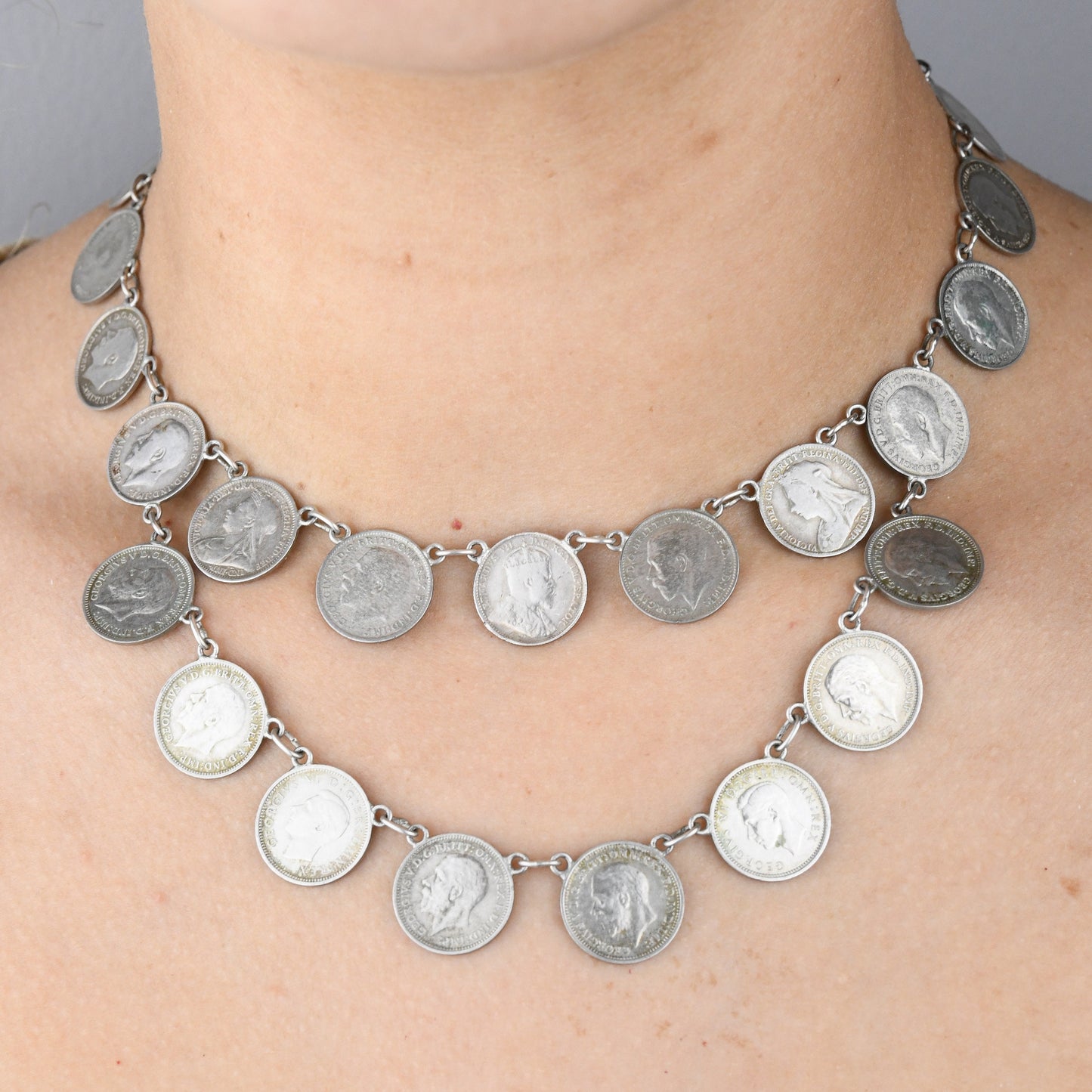 Antique Silver Threepence Coin Necklace - Queen Victoria King George V Coins 1896 - 1940 | Choker Length 38cm 15"