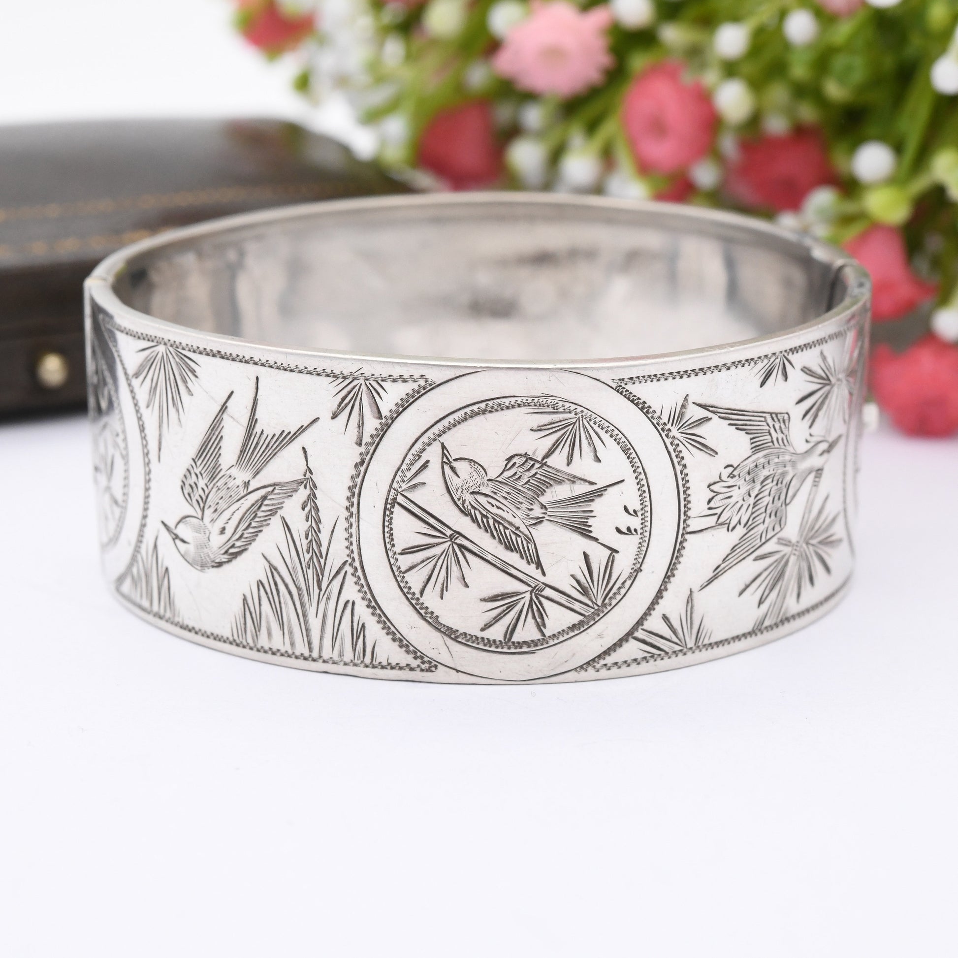 Antique Victorian Silver Aesthetic Bangle with Swallows and Reed Design - Hand Engraved