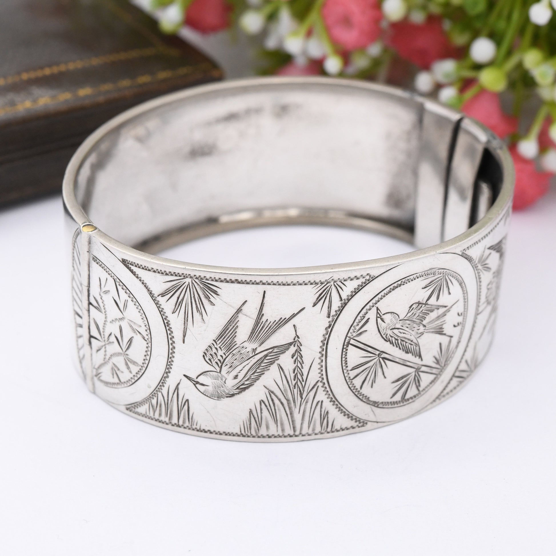 Antique Victorian Silver Aesthetic Bangle with Swallows and Reed Design - Hand Engraved