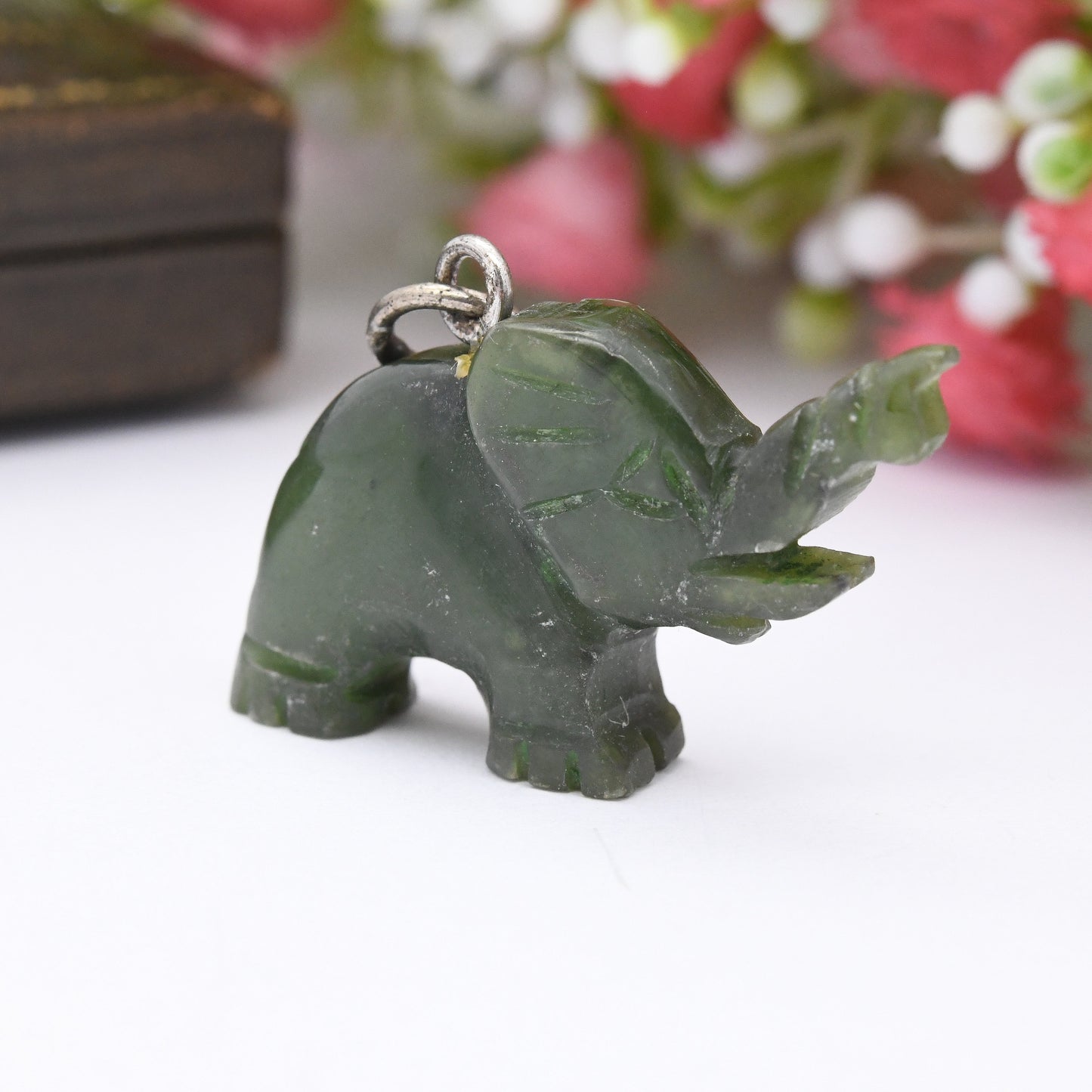 Vintage Engraved Jade Elephant Charm Pendant with 835 Silver Bale - Cute Animal | Nature Lover Gift | Charm Bracelet | Indian Elephant