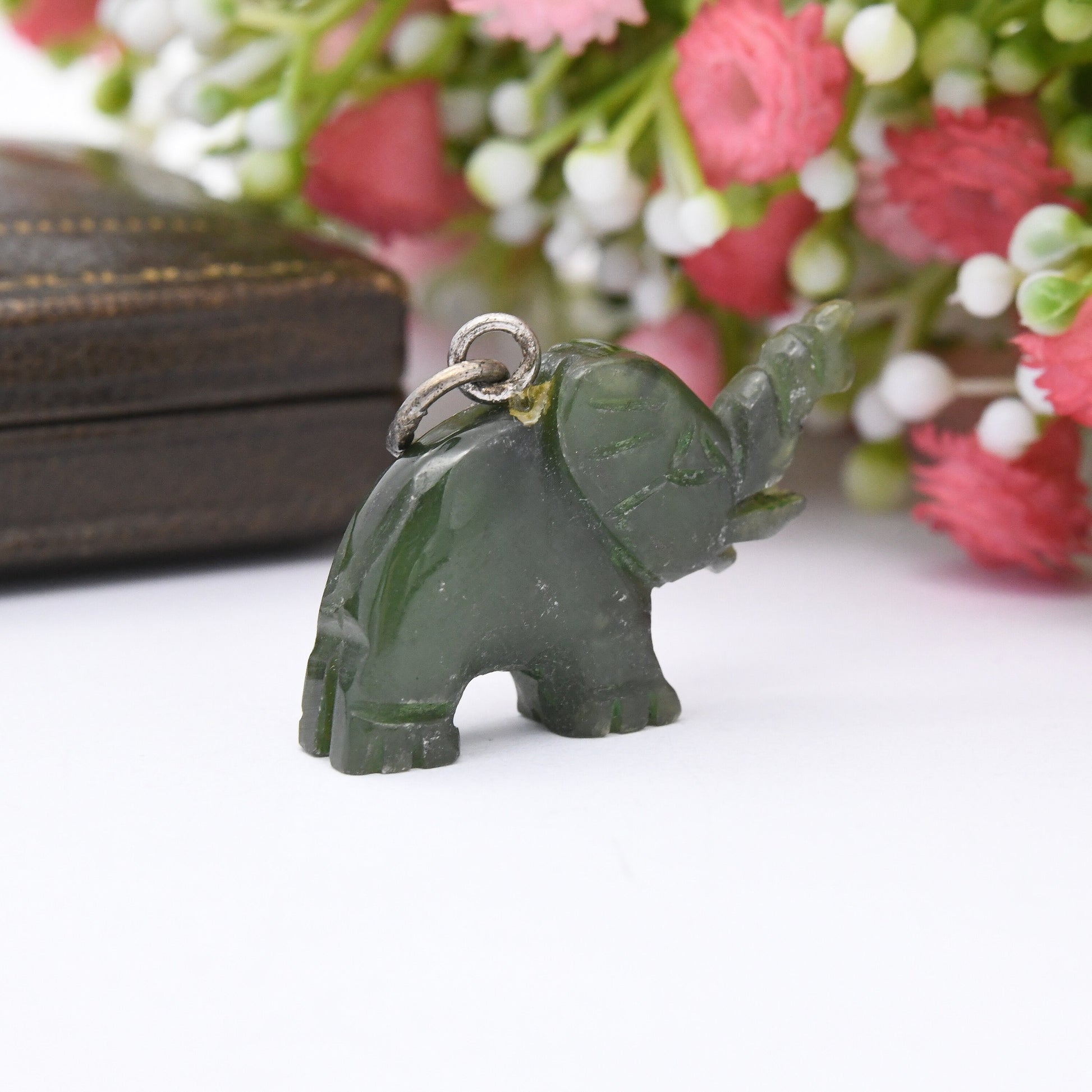 Vintage Engraved Jade Elephant Charm Pendant with 835 Silver Bale - Cute Animal | Nature Lover Gift | Charm Bracelet | Indian Elephant