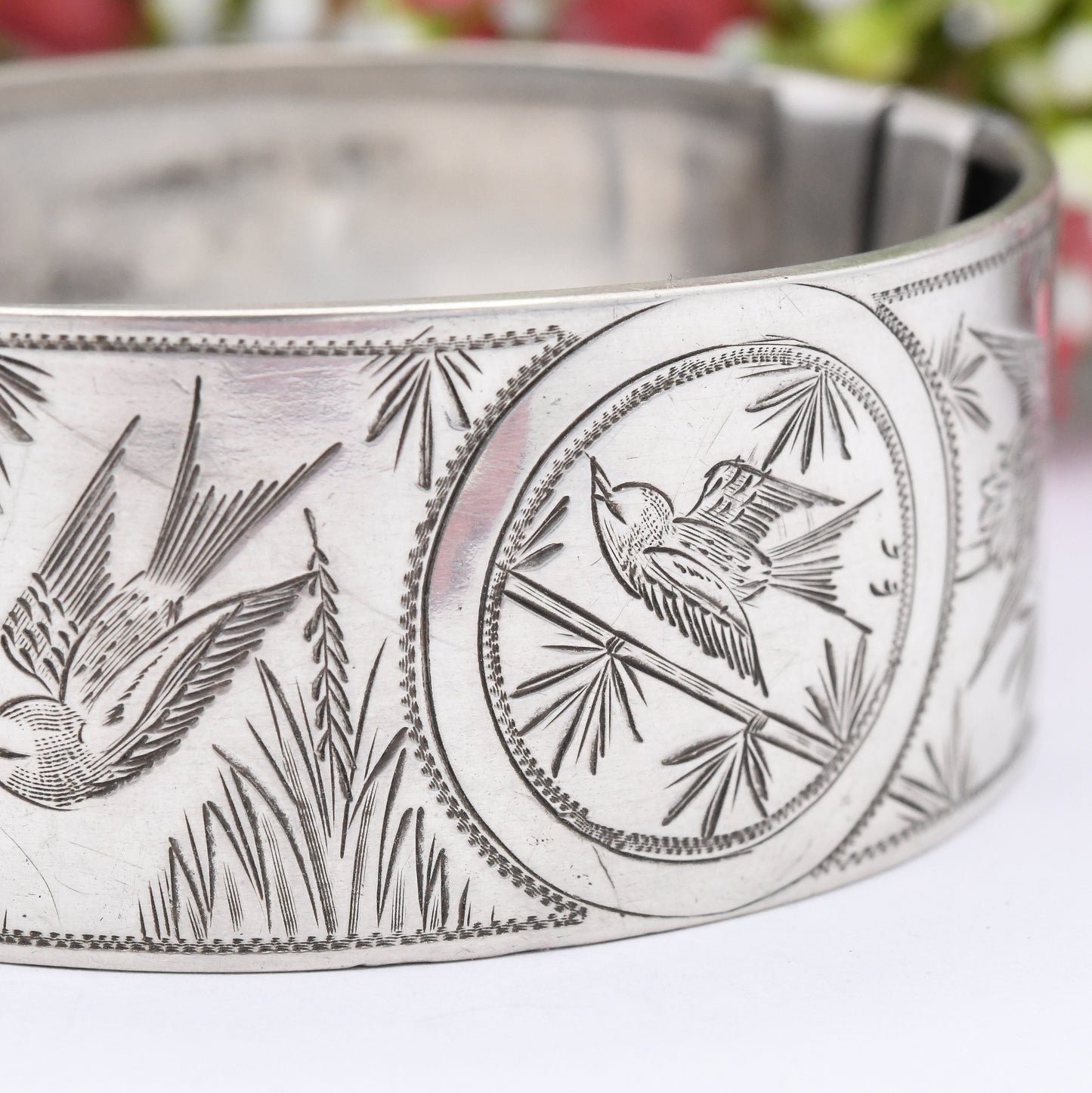 Antique Victorian Silver Aesthetic Bangle with Swallows and Reed Design - Hand Engraved