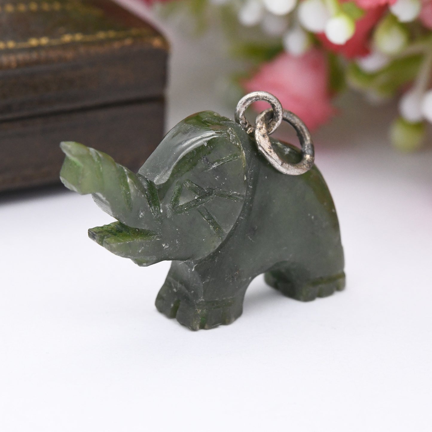 Vintage Engraved Jade Elephant Charm Pendant with 835 Silver Bale - Cute Animal | Nature Lover Gift | Charm Bracelet | Indian Elephant