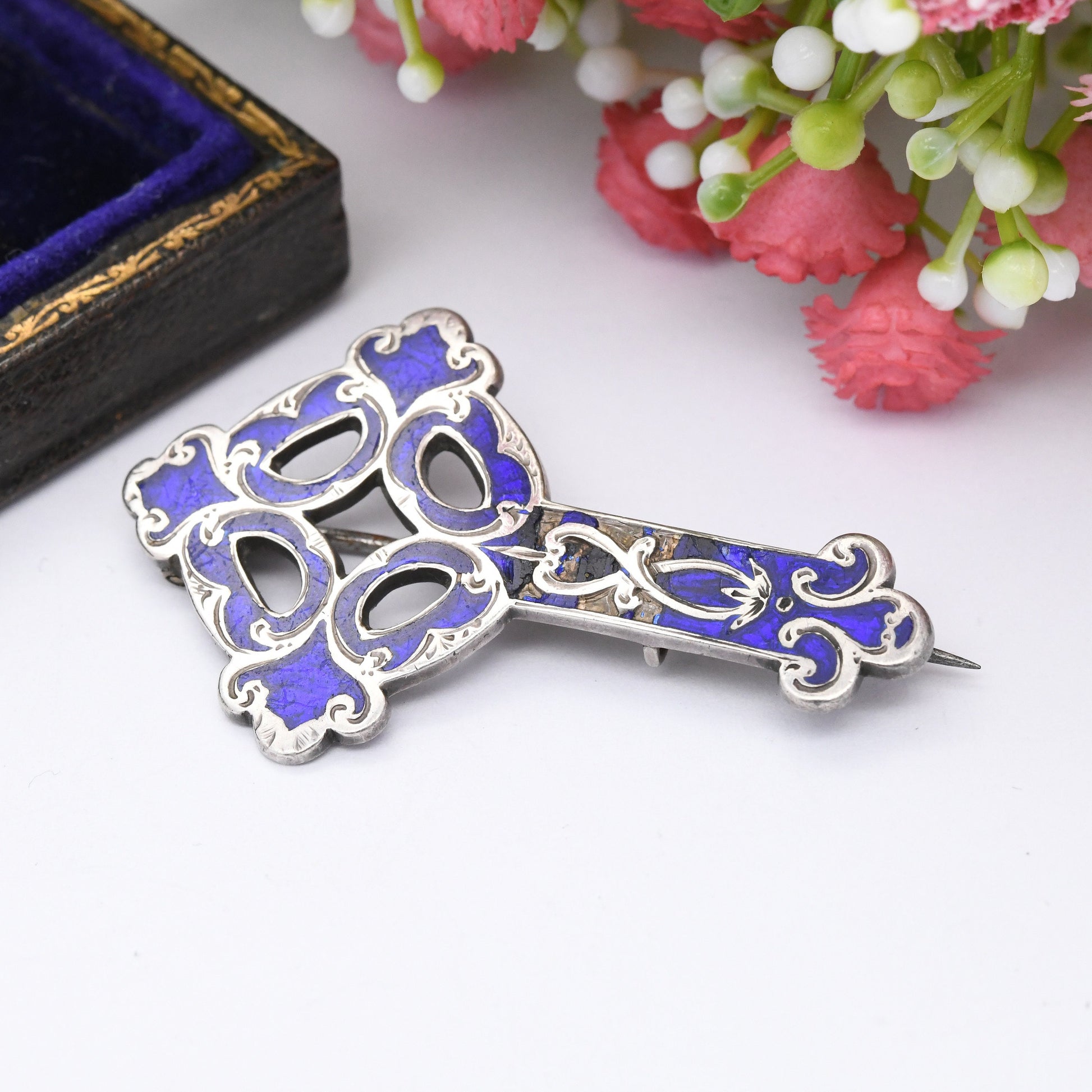 Antique Sterling Silver Enamel Cross Brooch - Victorian Ornate Hooped Cross